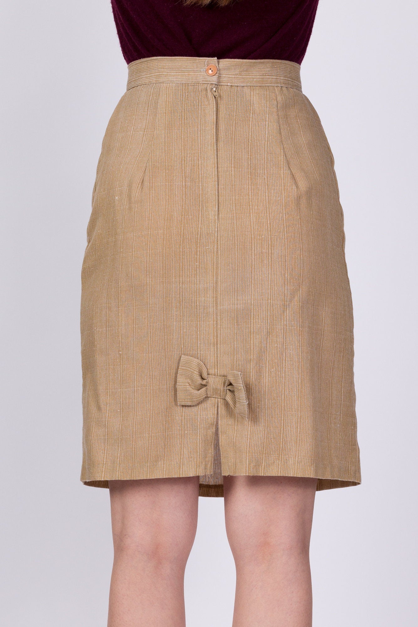 80s Tan Bow Pencil Skirt - Extra Small, 23.5" 
