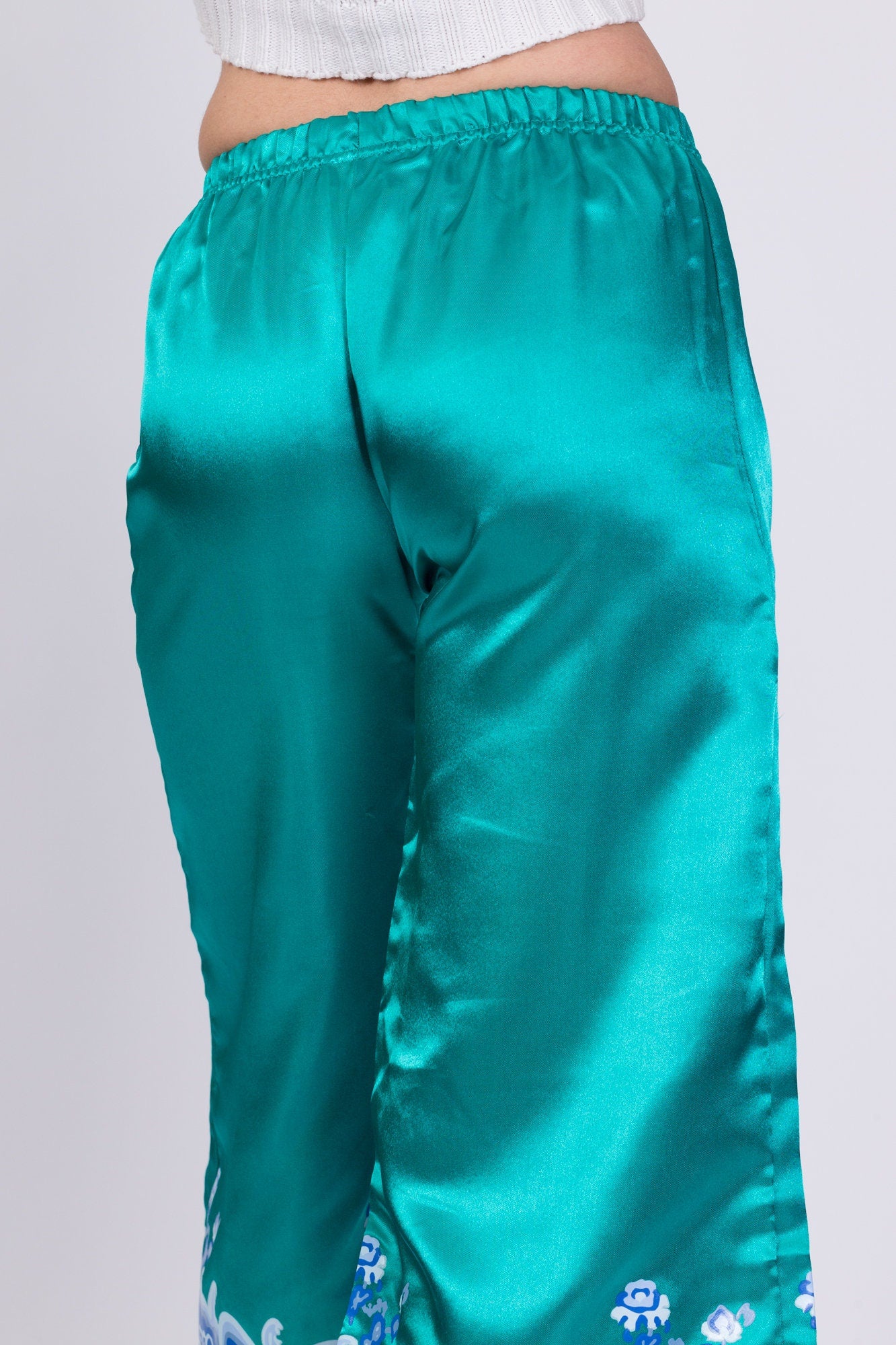 Vintage Teal Satin Wave Print Lounge Pants - Youth Small 