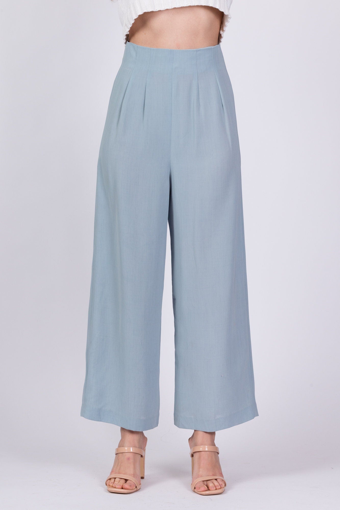 80s Sheer Dusty Blue Straight Leg Trousers - Extra Small, 24 – Flying  Apple Vintage