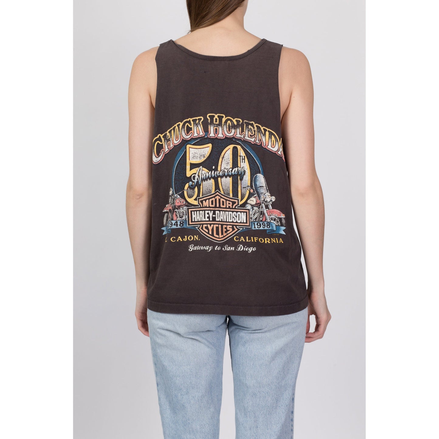 Vintage 1998 Harley Davidson Chuck Holenda 50th Anniversary Muscle Tee - Men's Medium, Women's Large 