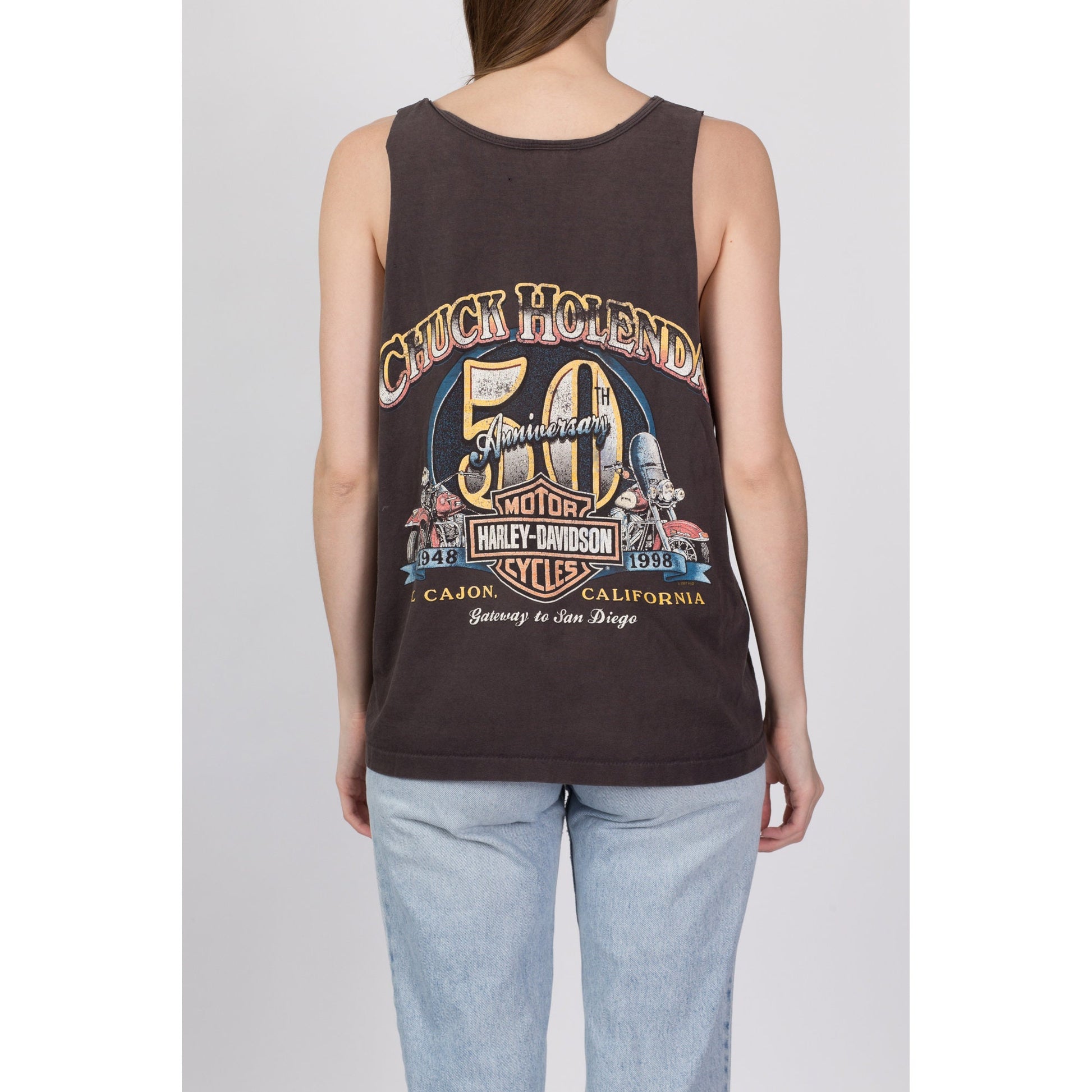 Vintage 1998 Harley Davidson Chuck Holenda 50th Anniversary Muscle Tee - Men's Medium, Women's Large 