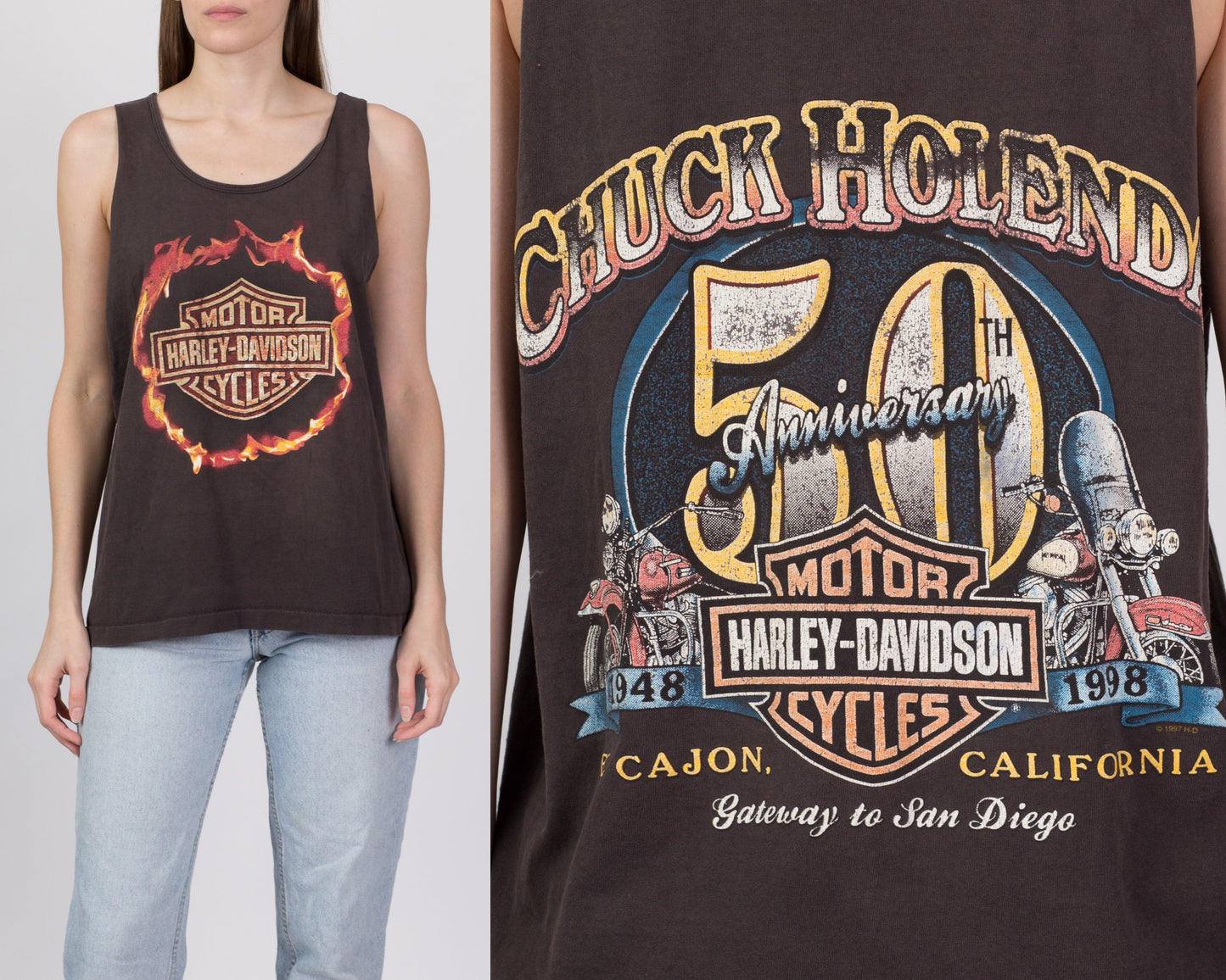 Vintage 1998 Harley Davidson Chuck Holenda 50th Anniversary Muscle Tee - Men's Medium, Women's Large 
