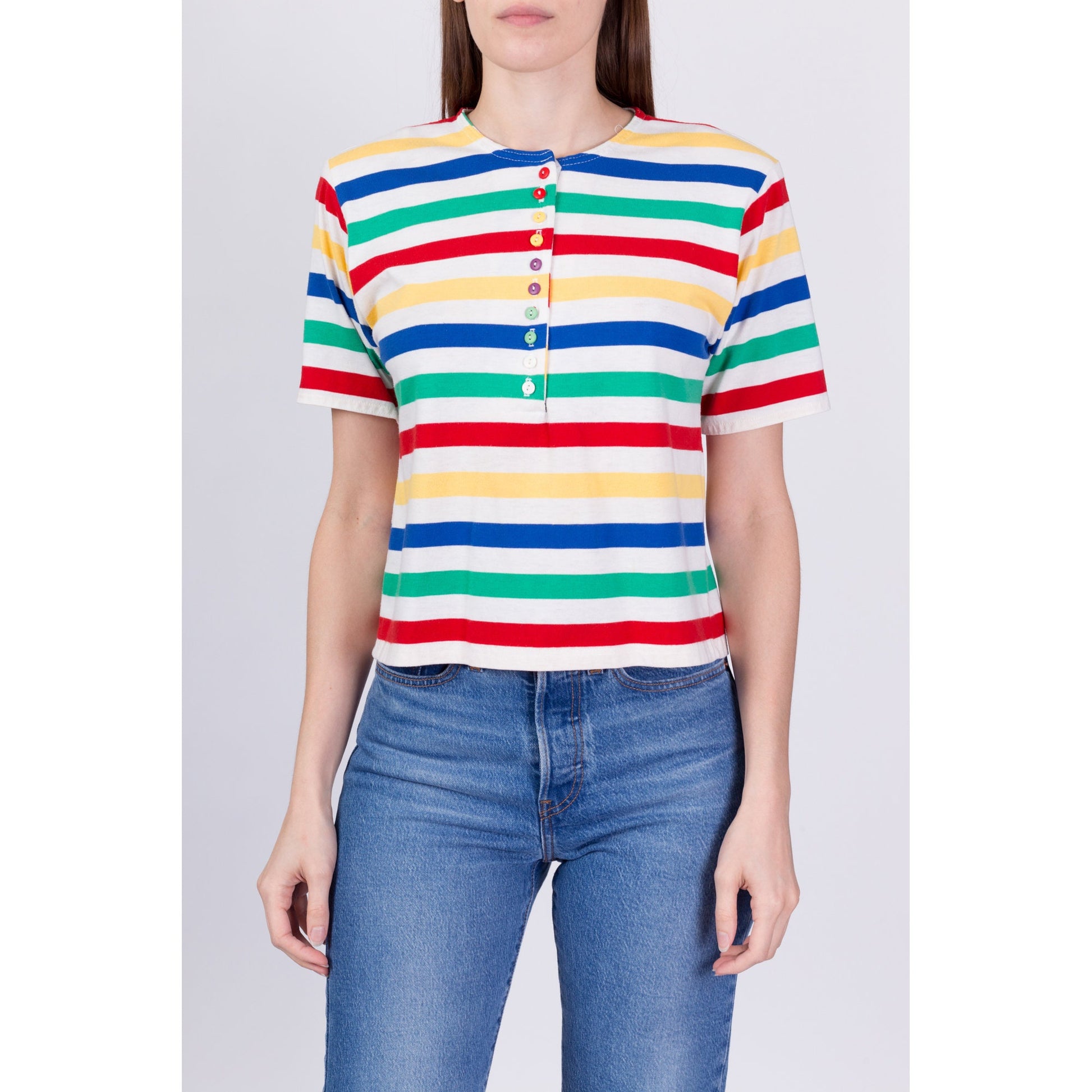 80s Rainbow Striped Henley Shirt - Small 