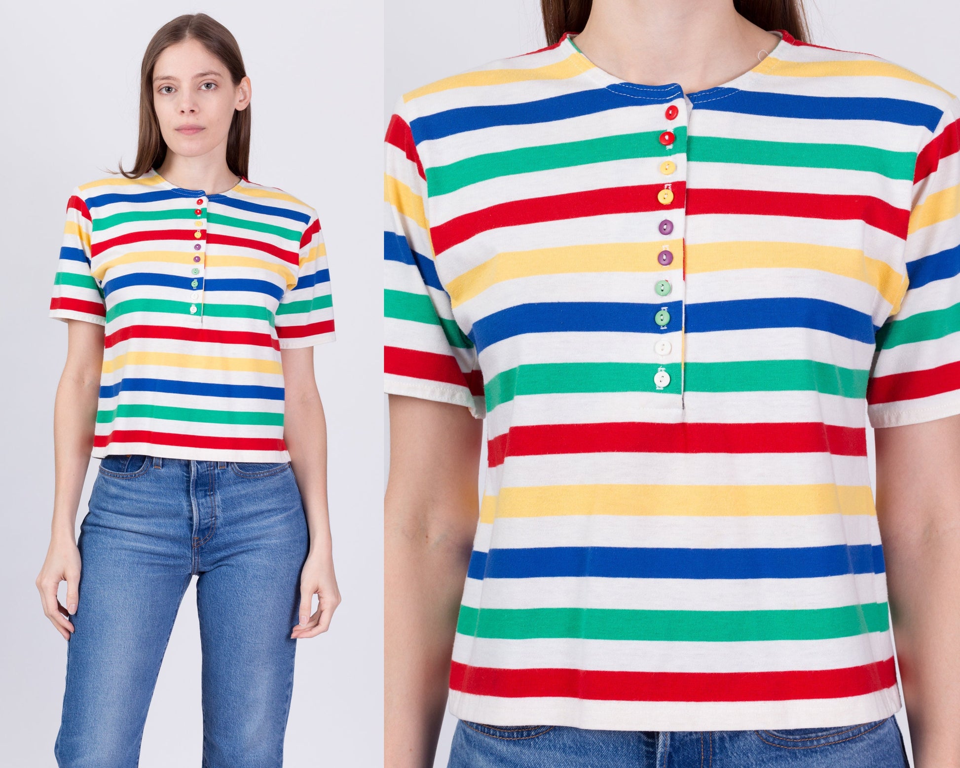 80s Rainbow Striped Henley Shirt - Small 