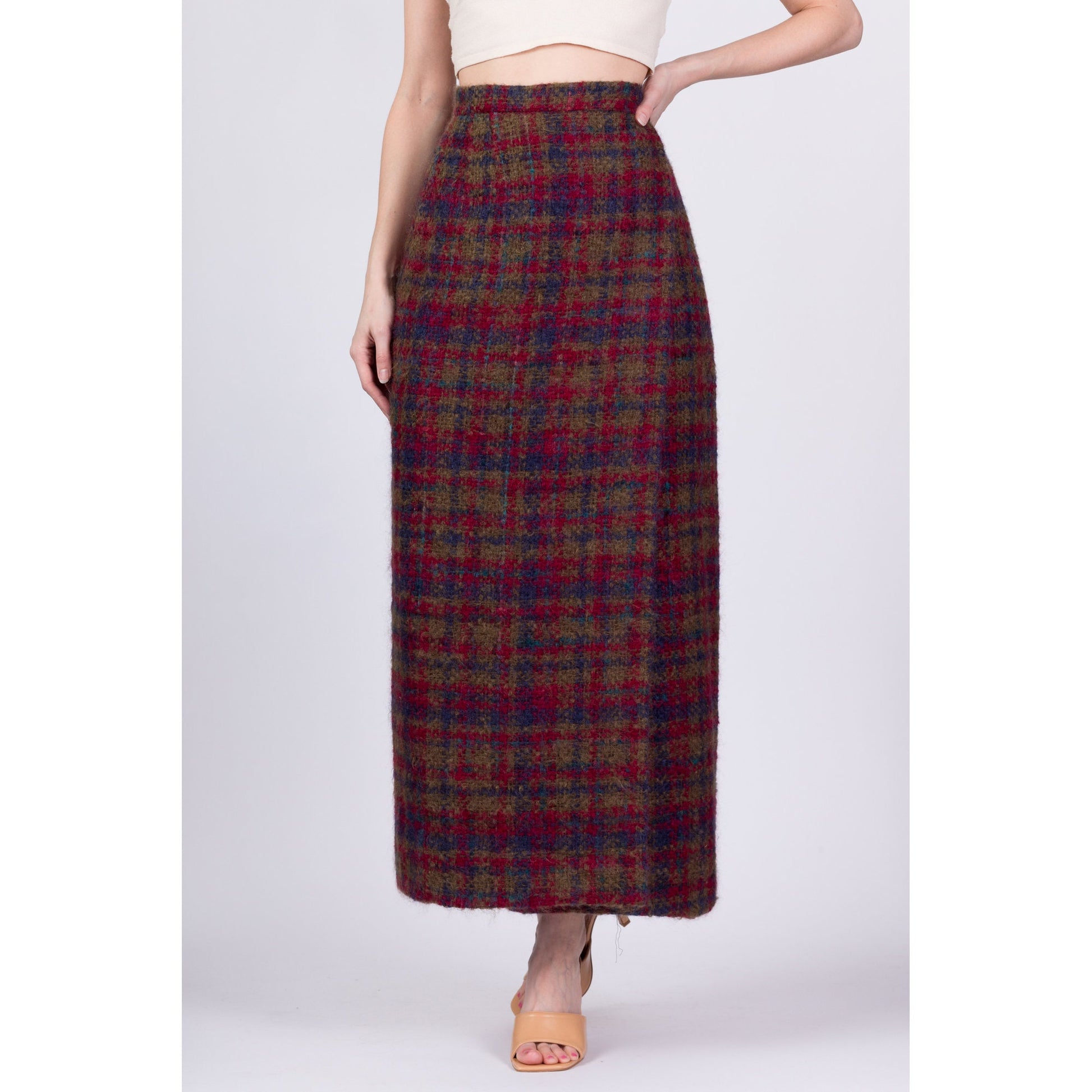 70s Plaid Knit Maxi Wrap Skirt - Small, 27" 