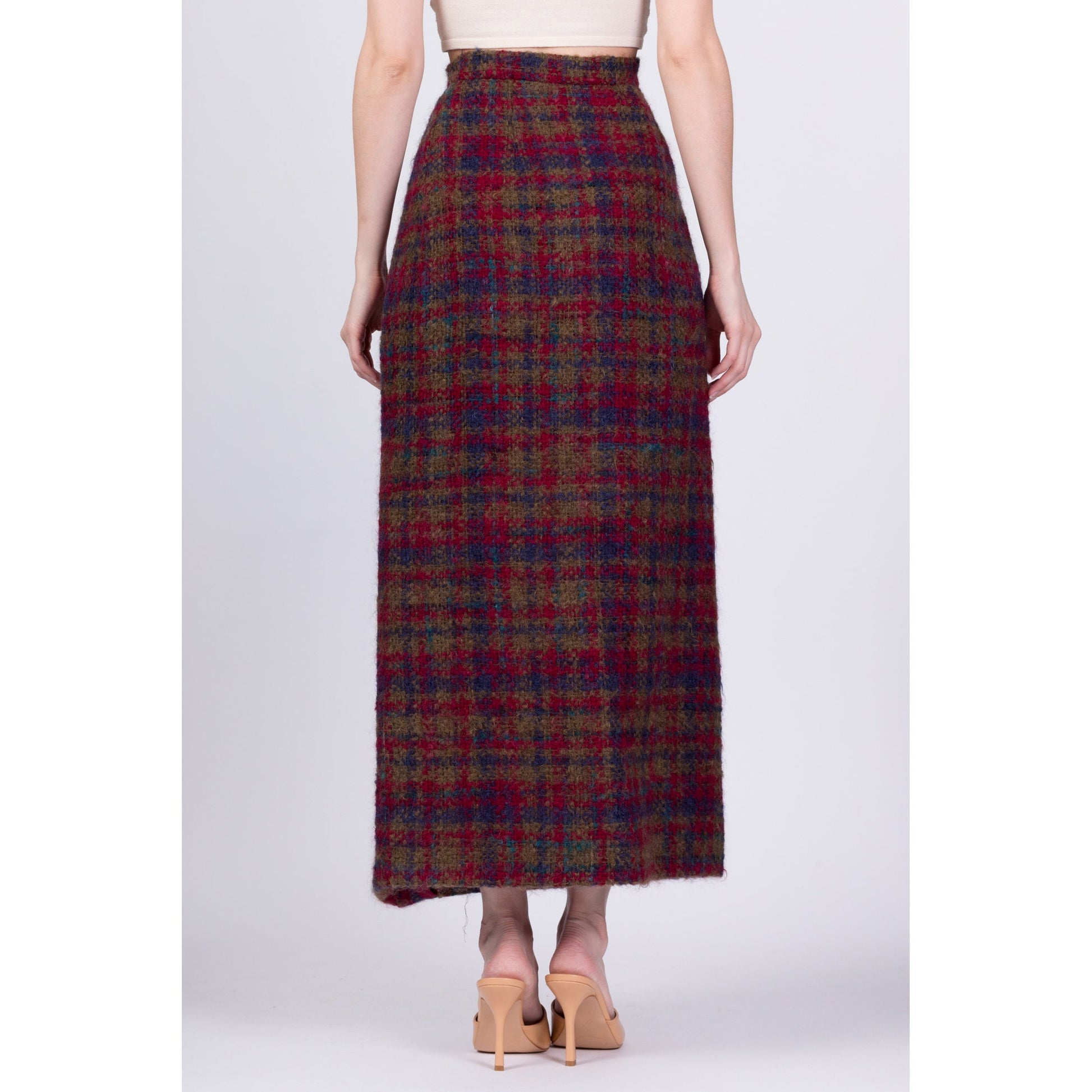 70s Plaid Knit Maxi Wrap Skirt - Small, 27" 