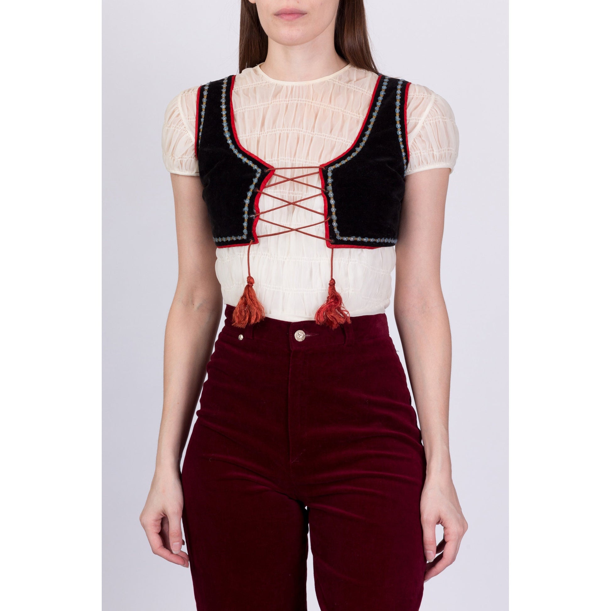 Vintage Black Velvet Lace Up Folk Mini Vest - XXS 