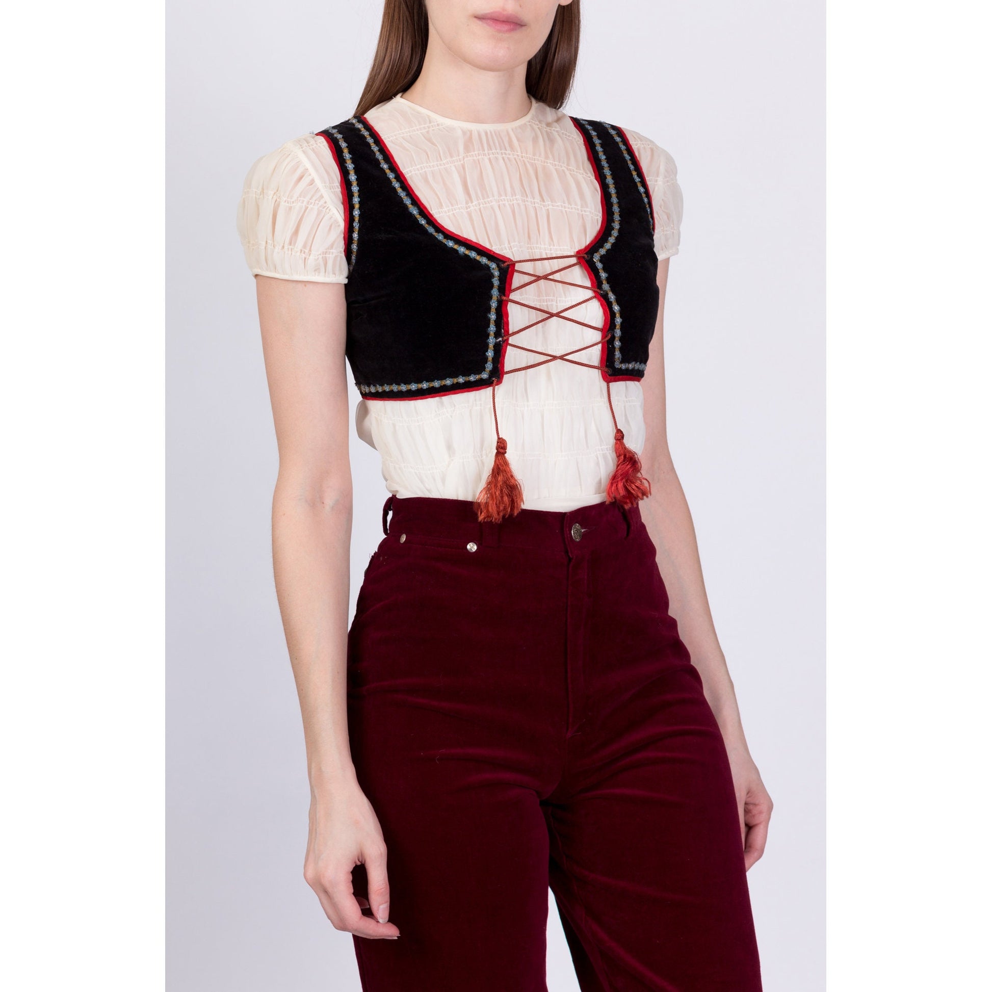 Vintage Black Velvet Lace Up Folk Mini Vest - XXS 