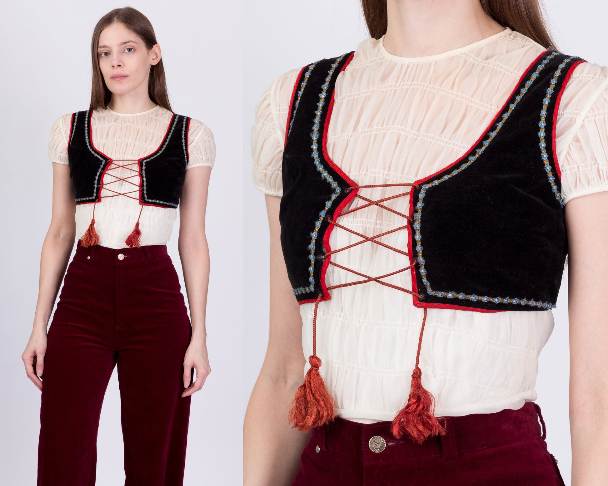 Vintage Black Velvet Lace Up Folk Mini Vest - XXS 