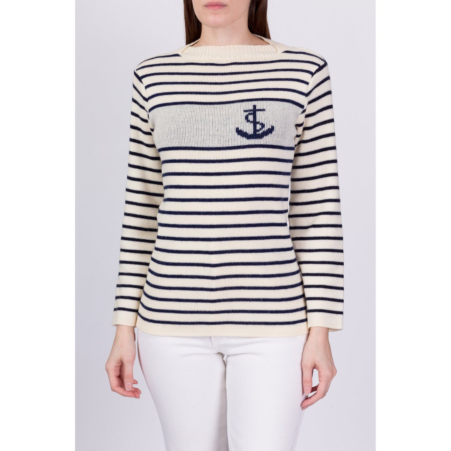 Vintage Breton Sailor Striped Boat Neck Sweater - Small 