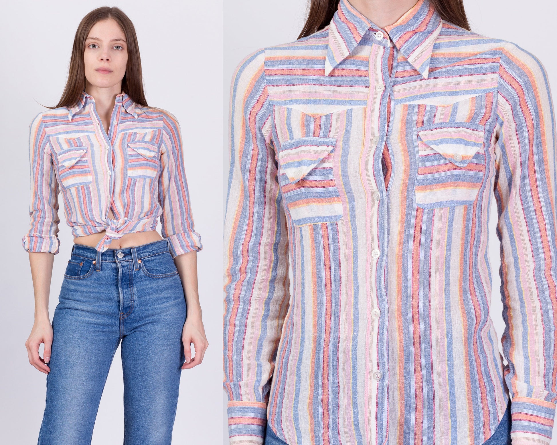 70s Striped Cotton Button Up Shirt - XXS 
