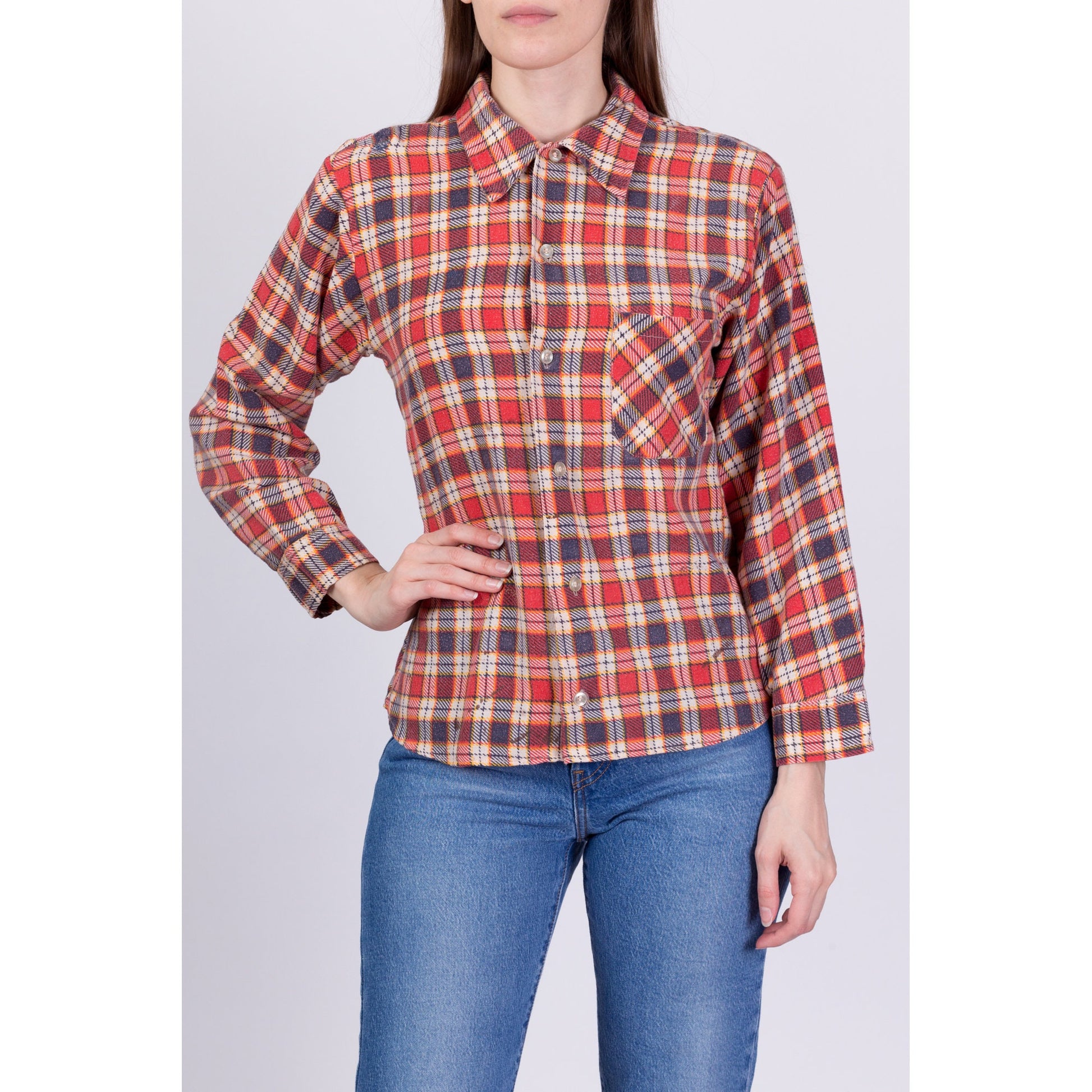 80s Plaid Flannel Button Up Shirt - Small 