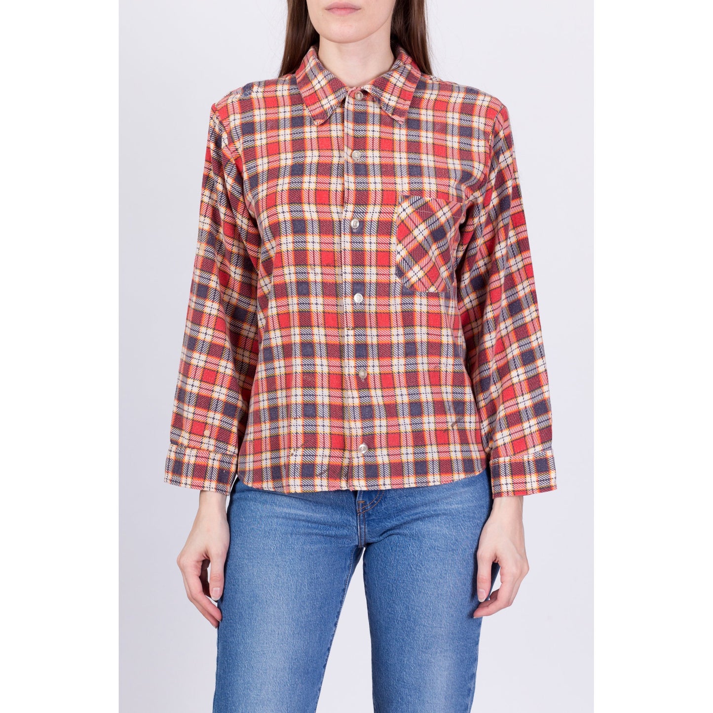 80s Plaid Flannel Button Up Shirt - Small 