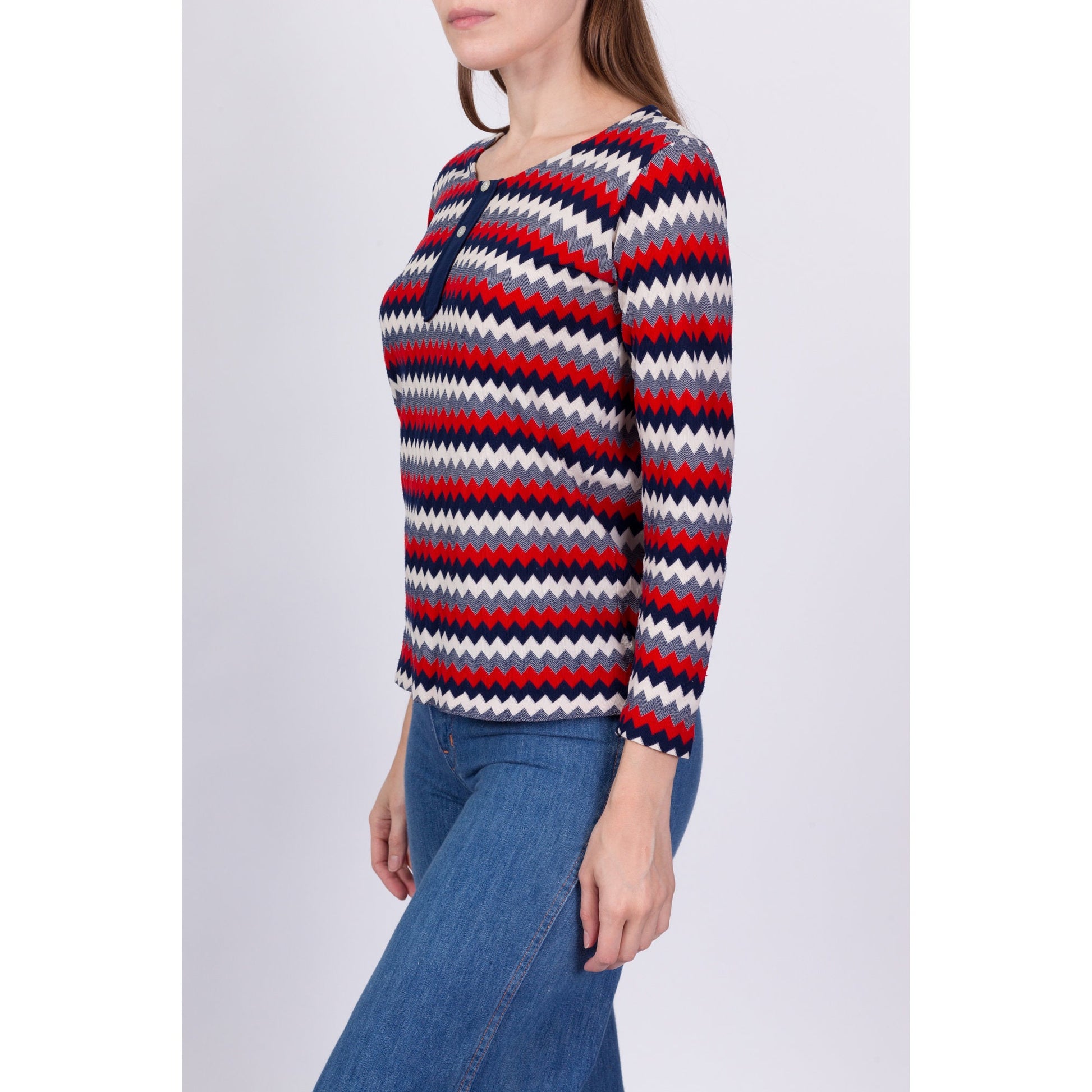 70s Zig Zag Striped Knit Shirt - Small 
