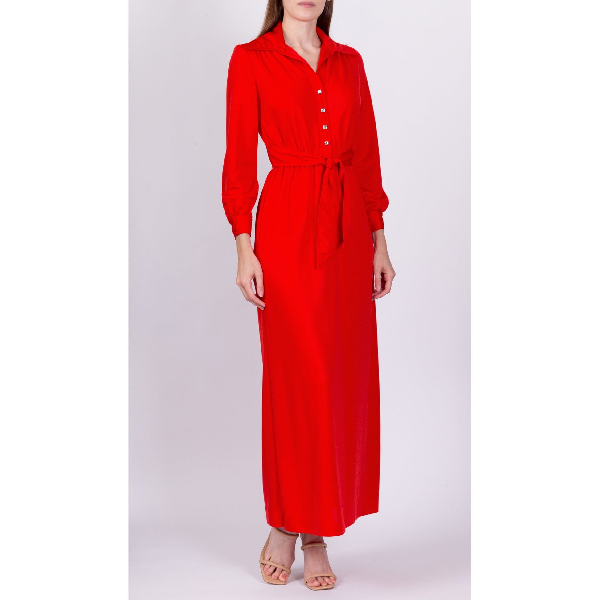 60s 70s Leslie Fay Red Maxi Hostess Dress - XS to Small 