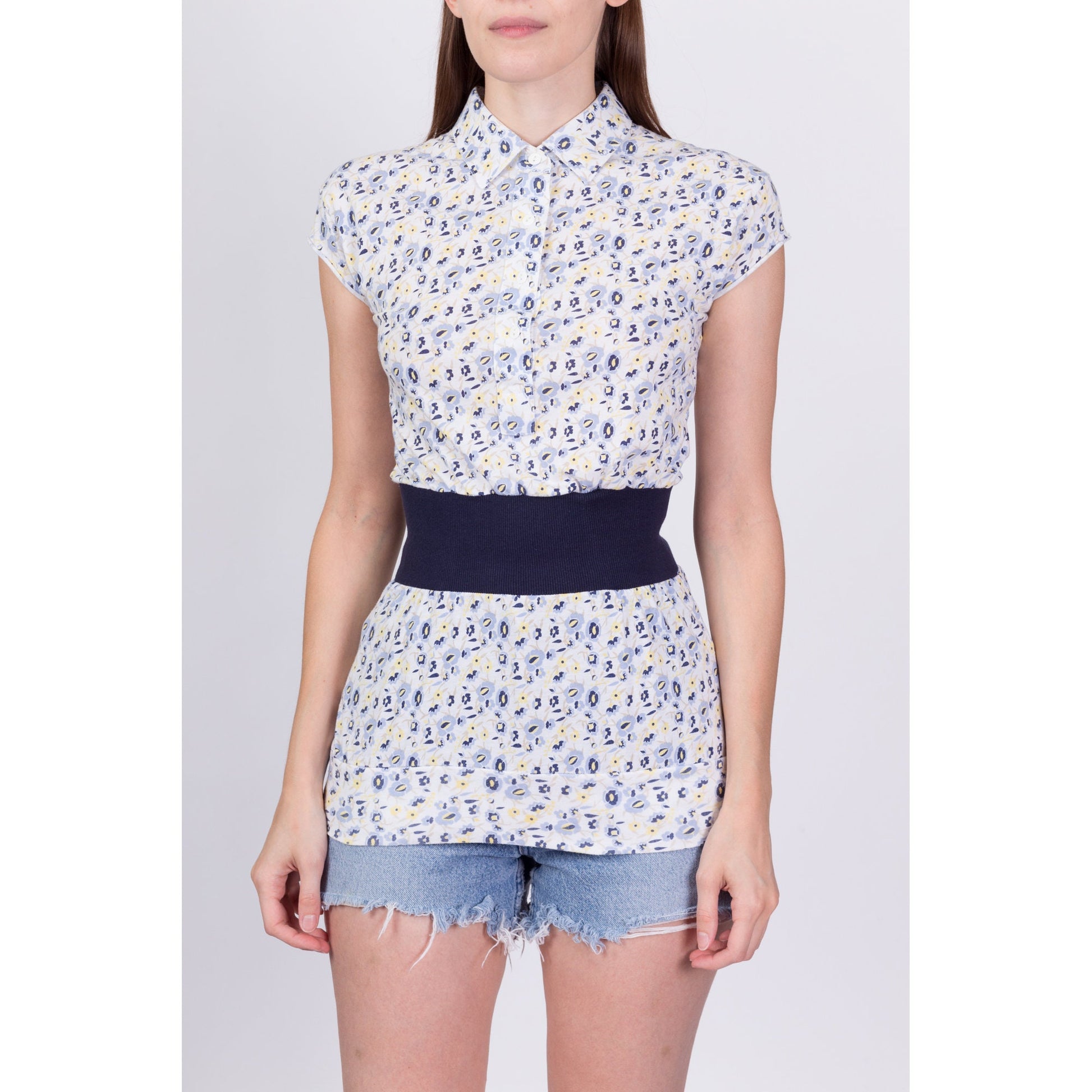 80s 90s Preppy Floral Polo Top - Extra Small 