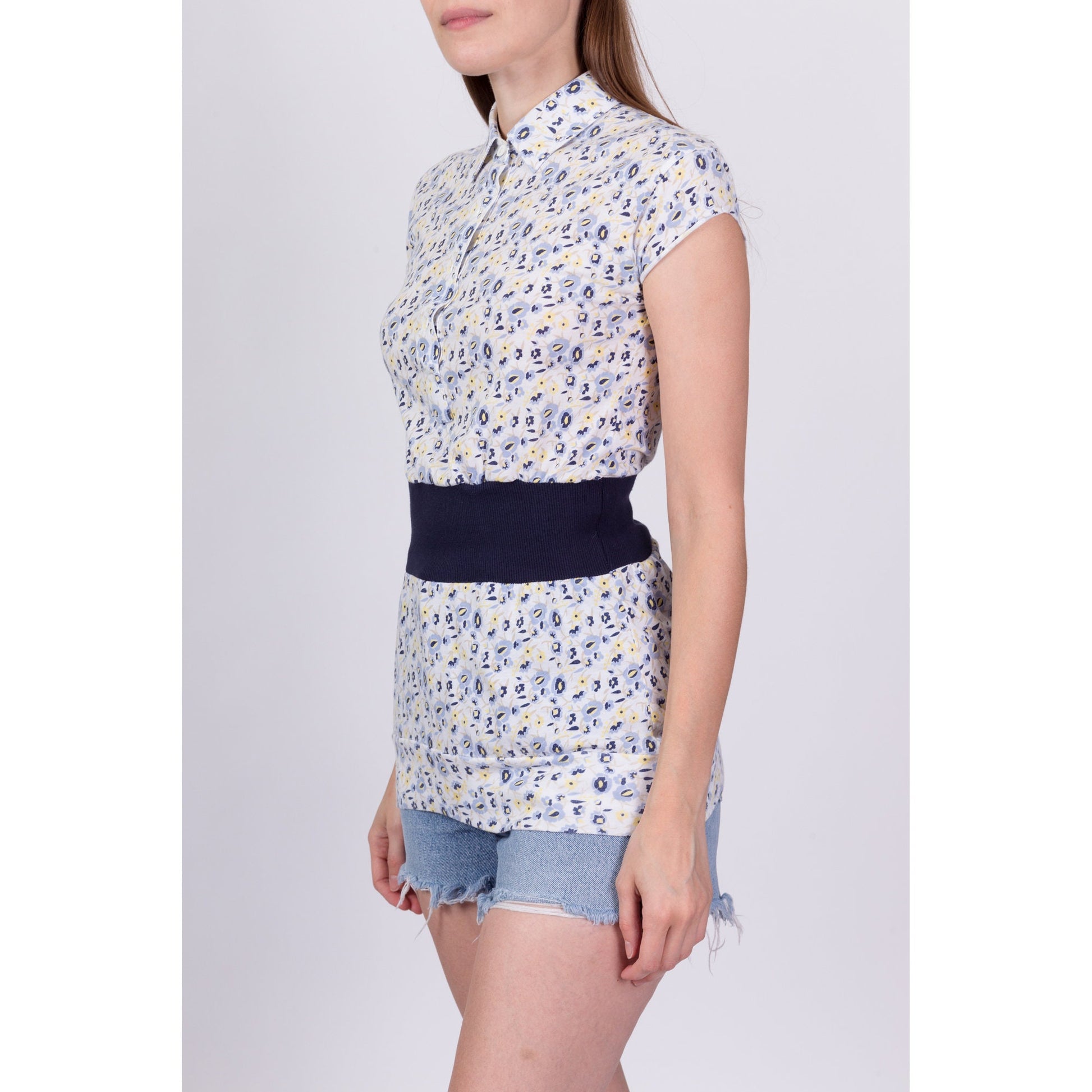 80s 90s Preppy Floral Polo Top - Extra Small 