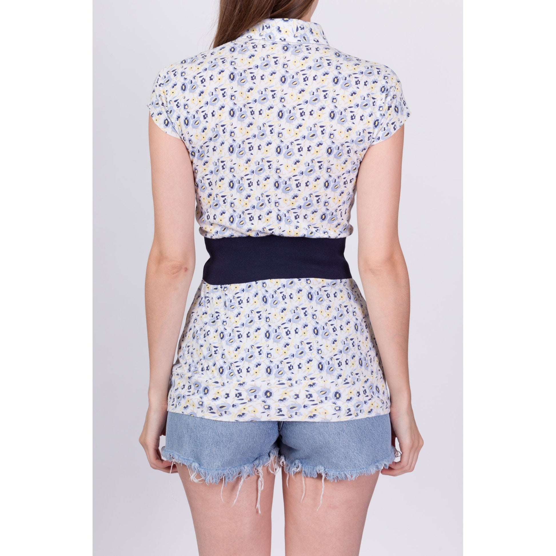 80s 90s Preppy Floral Polo Top - Extra Small 