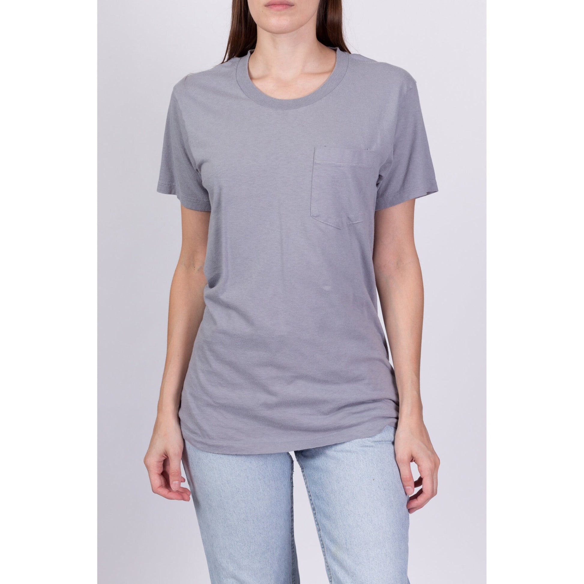 90s Plain Grey Unisex Pocket Tee - Small 