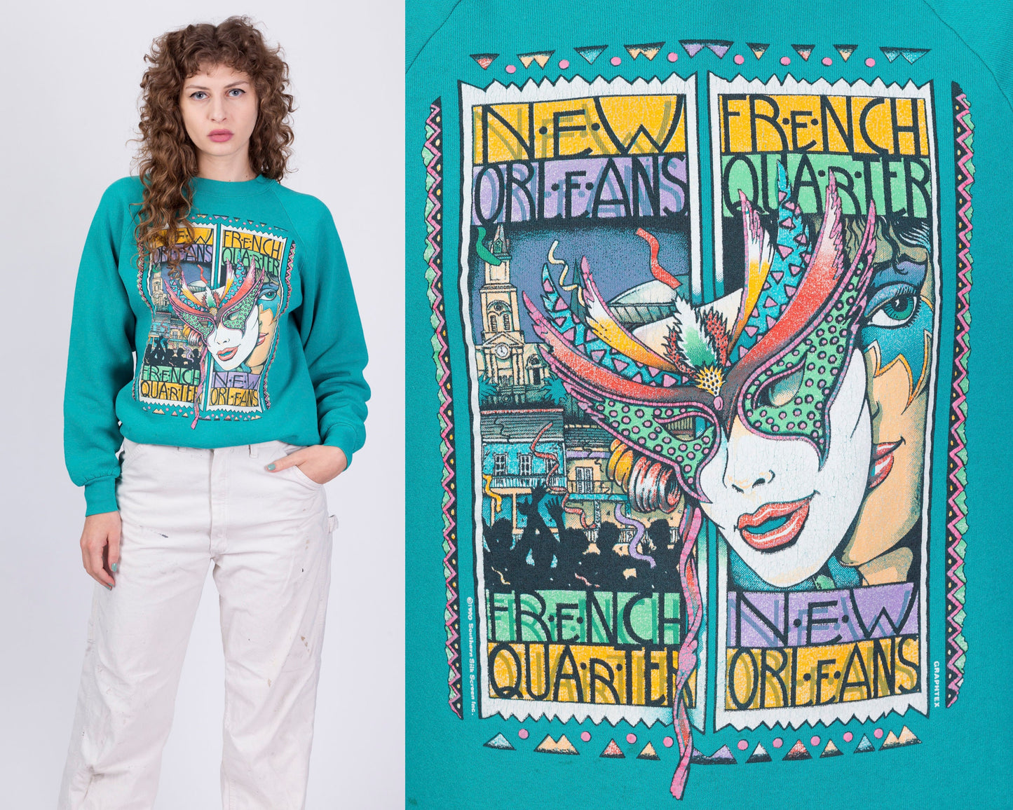 90s New Orleans French Quarter Masquerade Sweatshirt - Men's Small, Women's Medium 