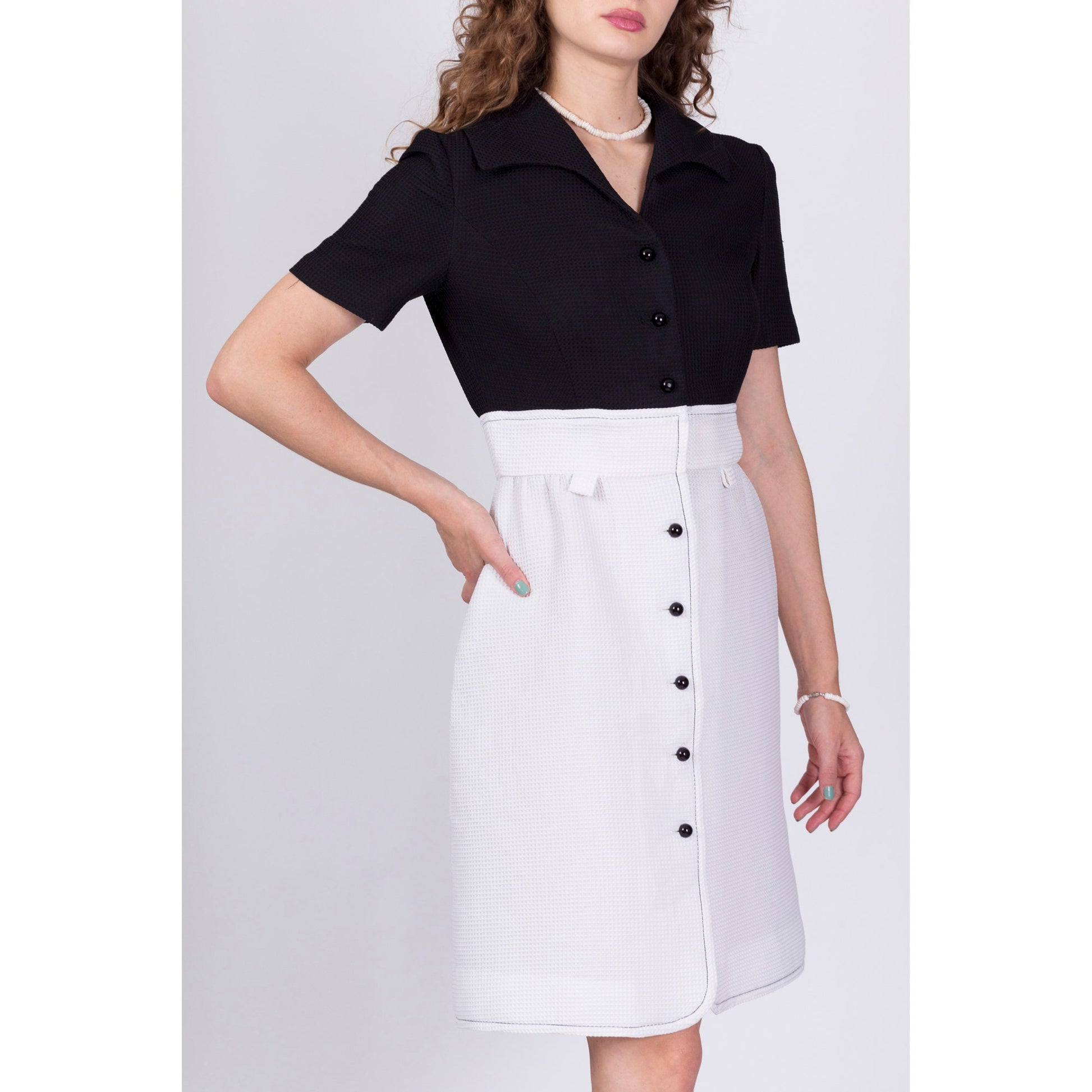 70s Fred Rothschild Black & White Waffle Textured Dress - Medium 