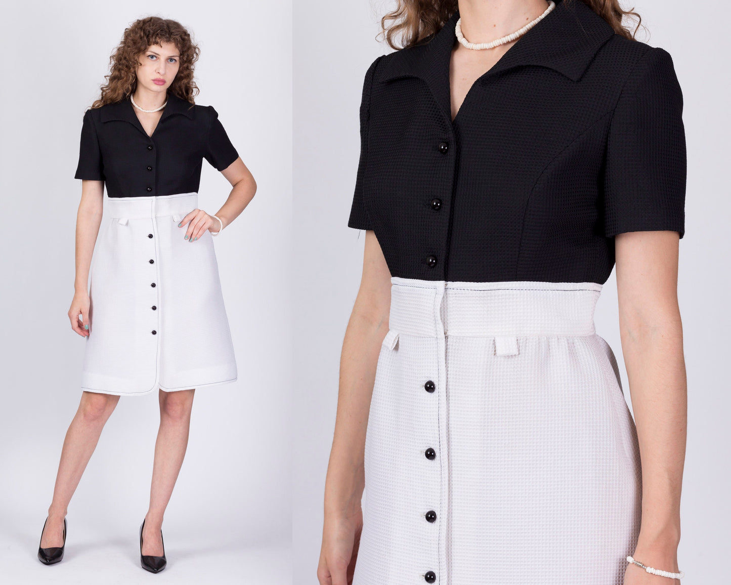70s Fred Rothschild Black & White Waffle Textured Dress - Medium 