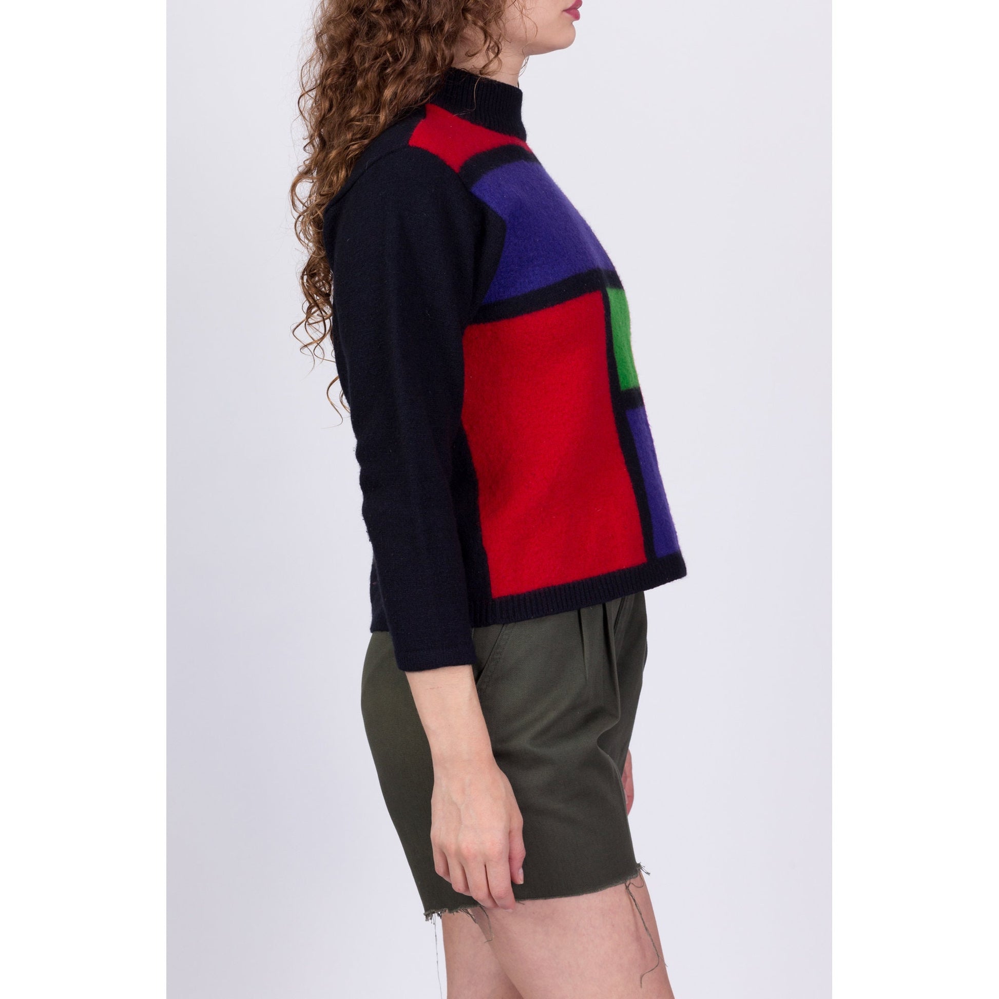 80s Mondrian Lambswool Knit Cropped Sweater - Petite Small 