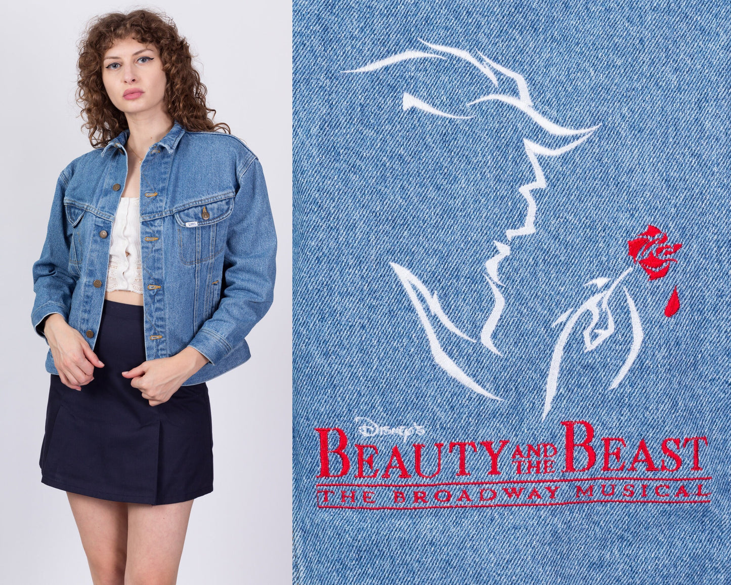 90s Beauty And The Beast Denim Jacket - Petite Large 