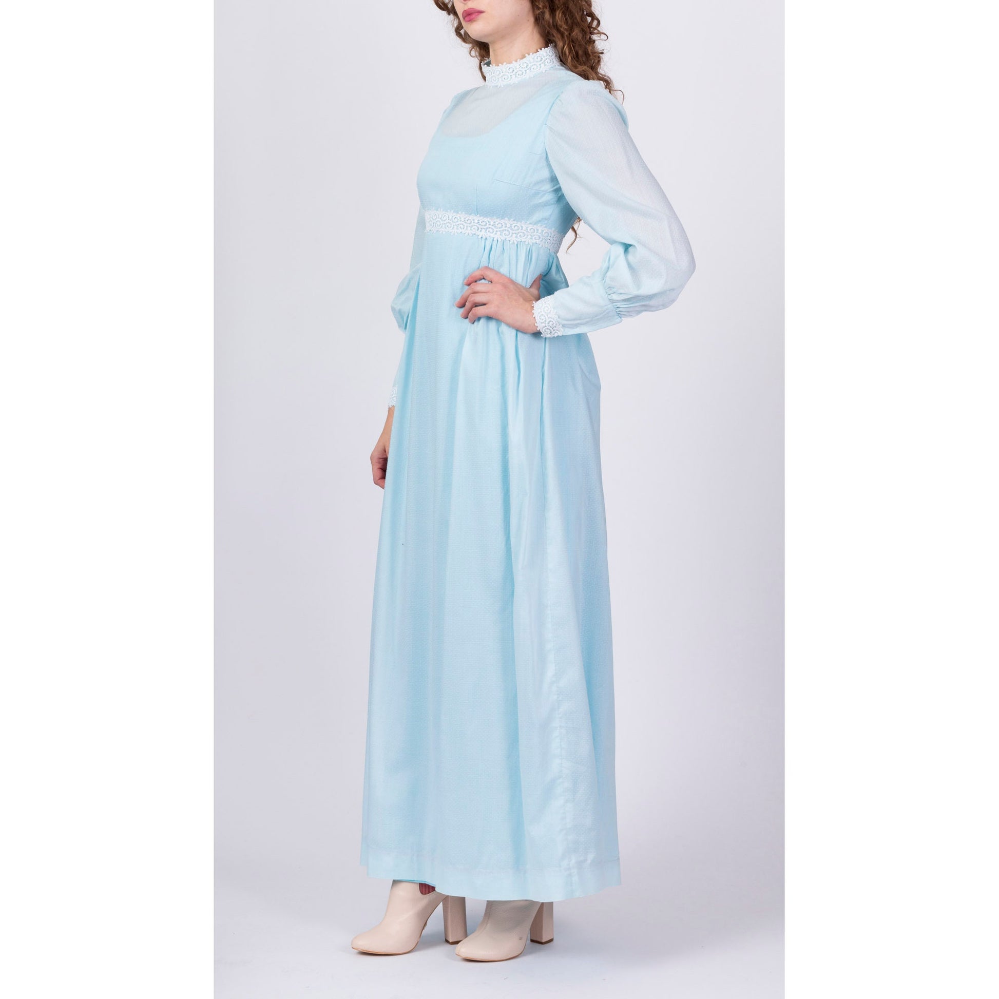 60s Swiss Dot Boho Prairie Maxi Dress - Small 