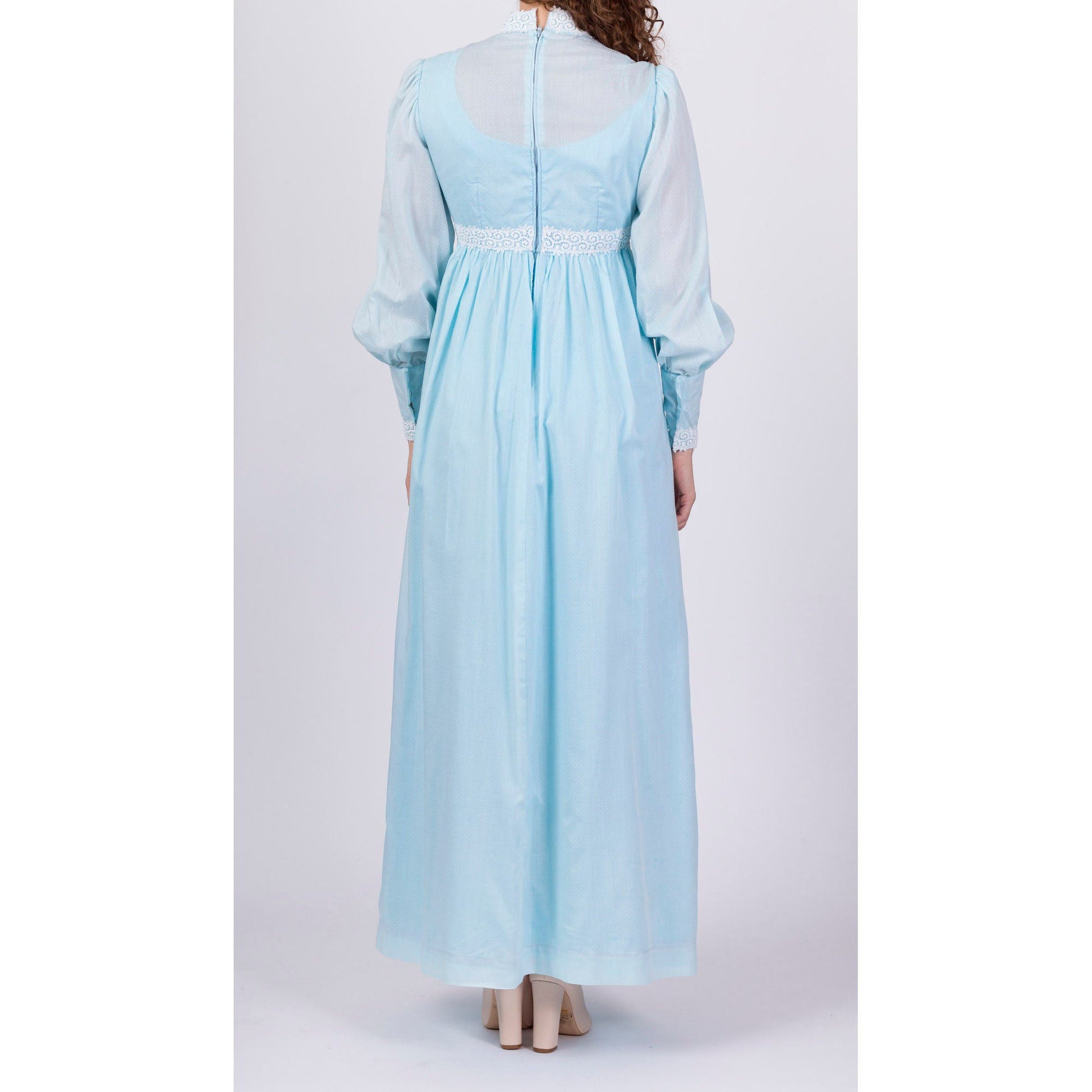 60s Swiss Dot Boho Prairie Maxi Dress - Small 