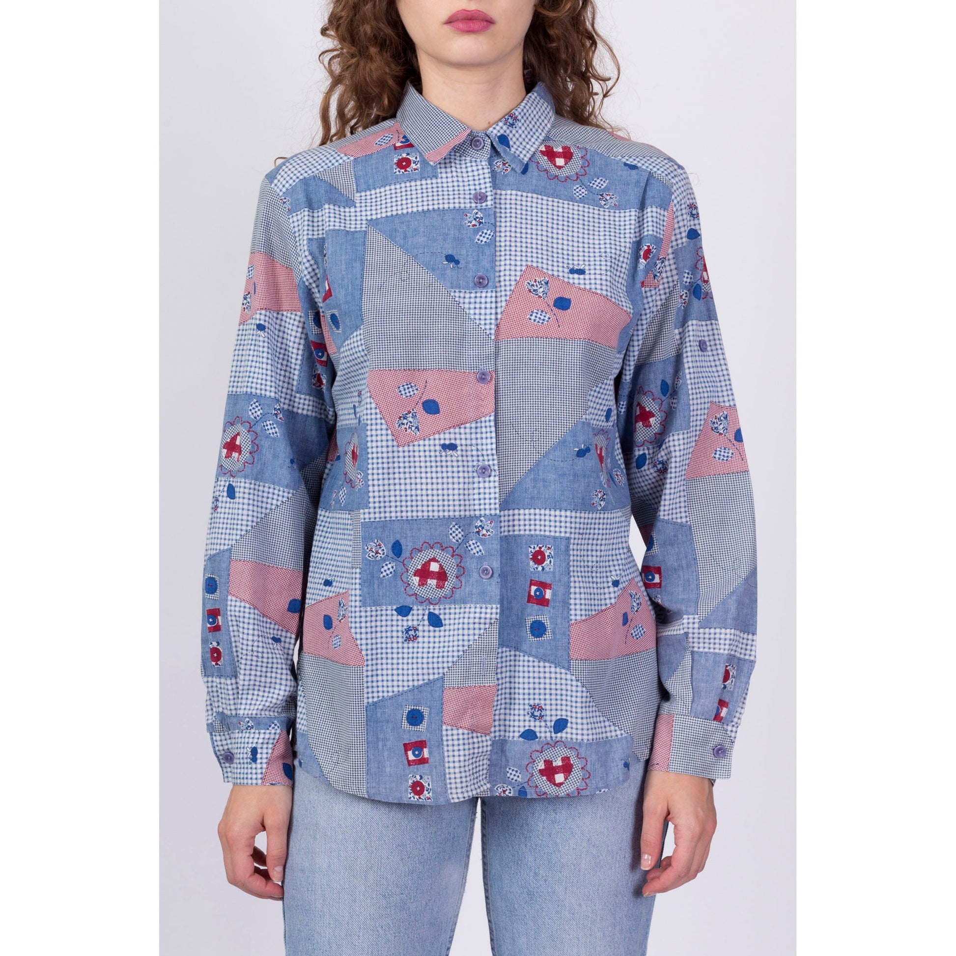 90s Does 70s Boho Chambray Patchwork Print Shirt - Large 