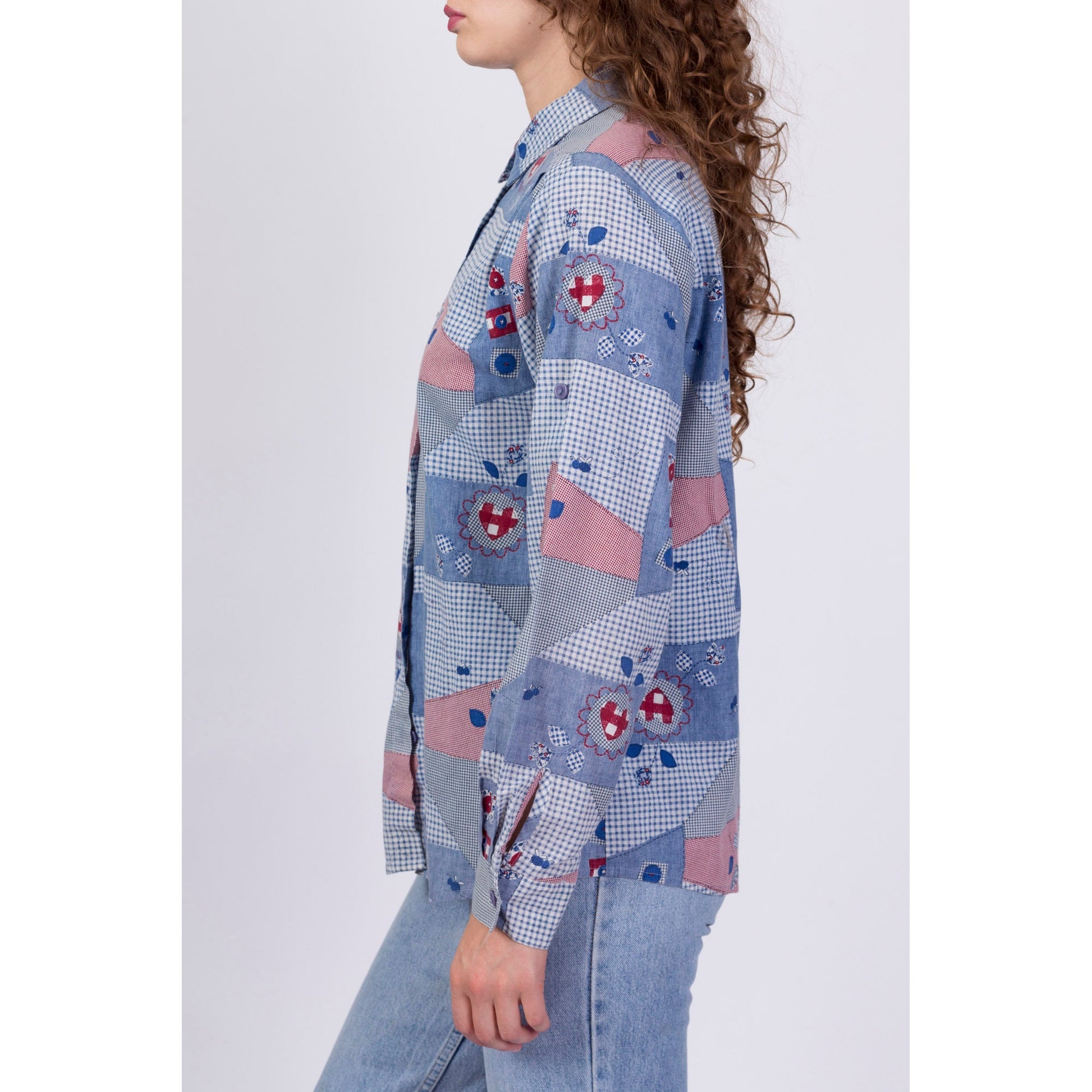 90s Does 70s Boho Chambray Patchwork Print Shirt - Large 