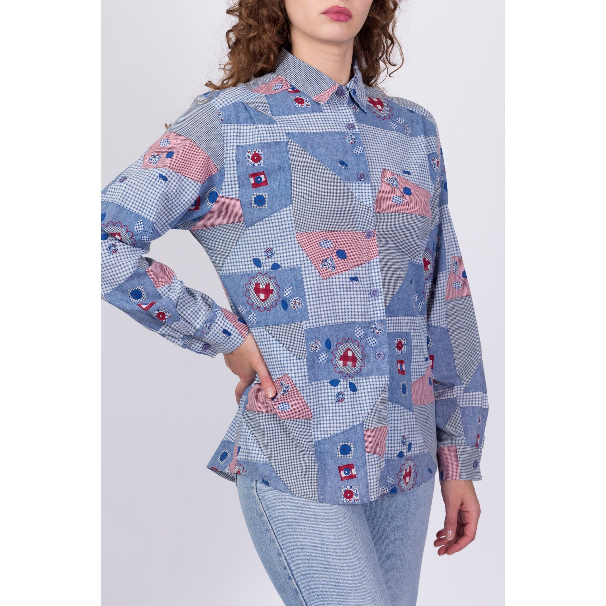 90s Does 70s Boho Chambray Patchwork Print Shirt - Large 
