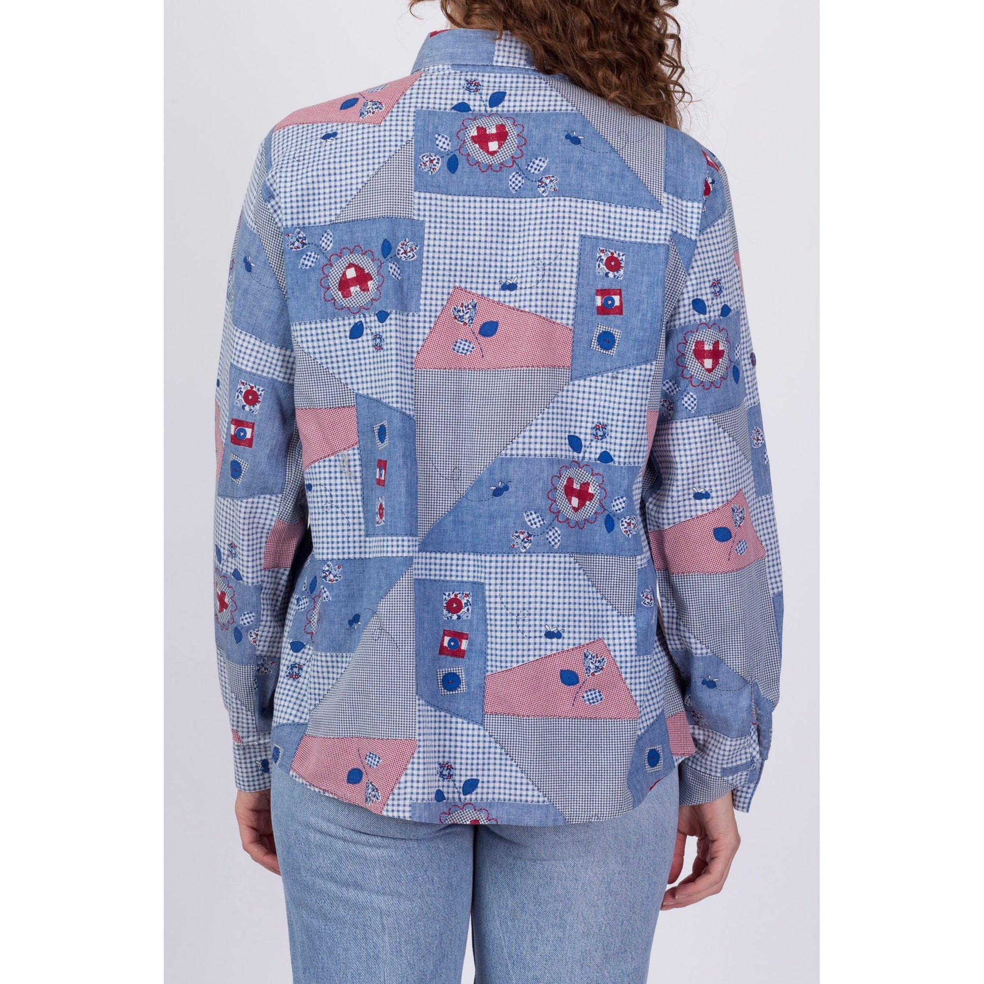 90s Does 70s Boho Chambray Patchwork Print Shirt - Large 