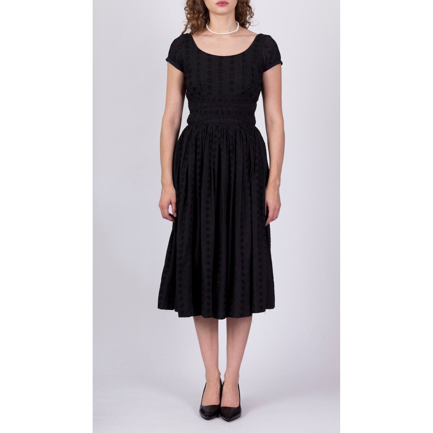1950s Jerry Gilden Black Eyelet Fit & Flare Cocktail Dress - Extra Small 