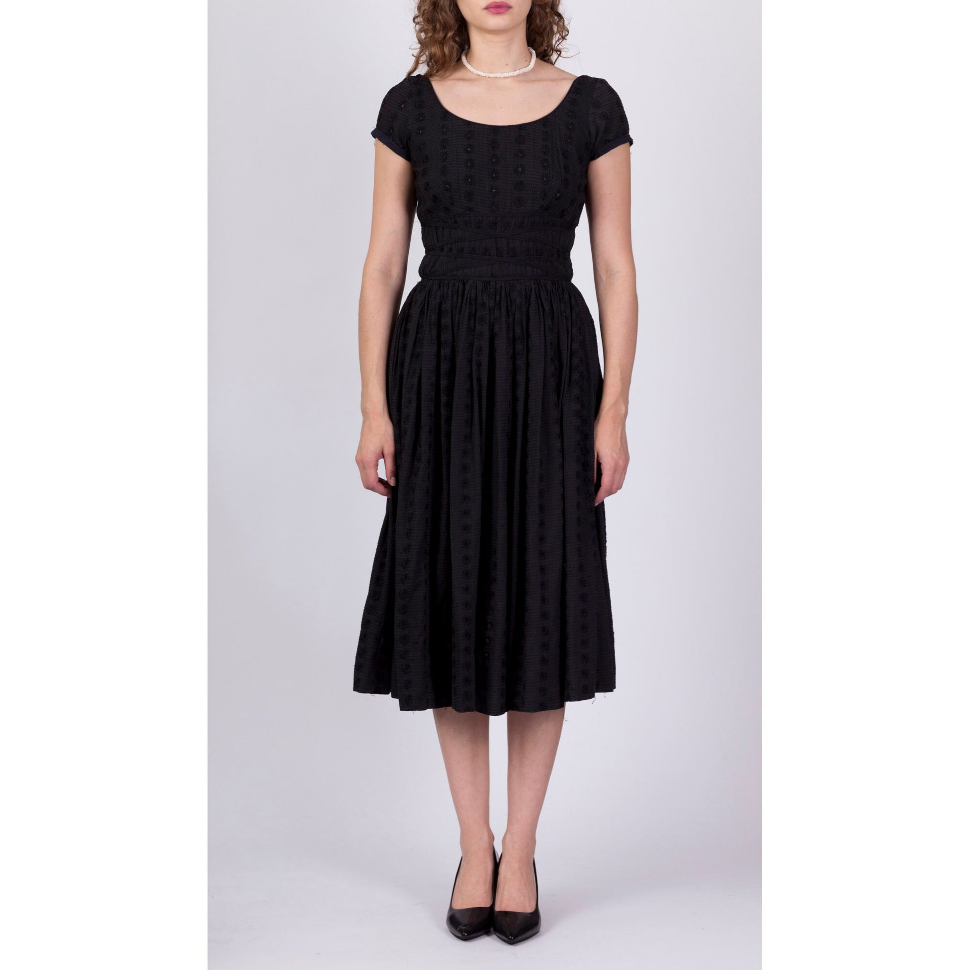 1950s Jerry Gilden Black Eyelet Fit & Flare Cocktail Dress - Extra Small 