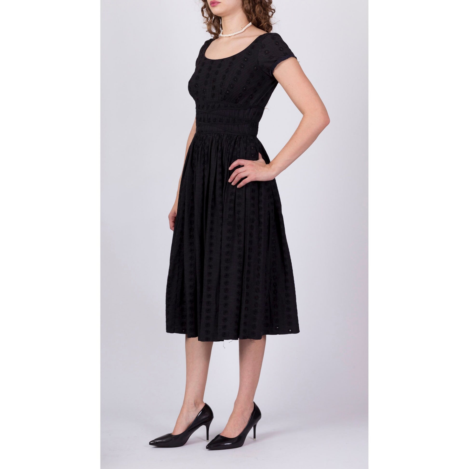 1950s Jerry Gilden Black Eyelet Fit & Flare Cocktail Dress - Extra Small 