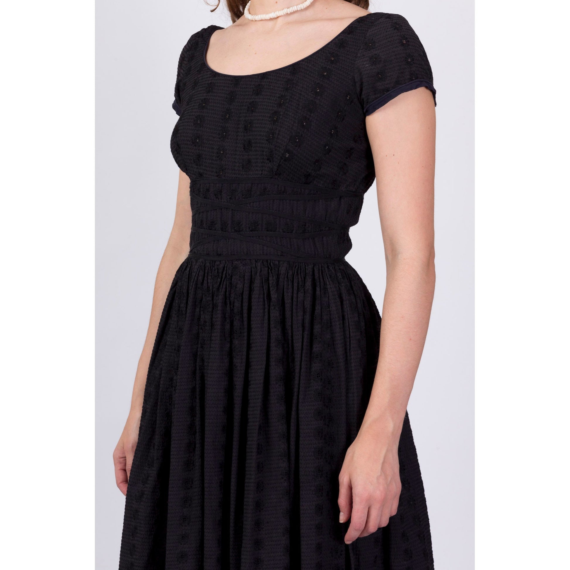 1950s Jerry Gilden Black Eyelet Fit & Flare Cocktail Dress - Extra Small 
