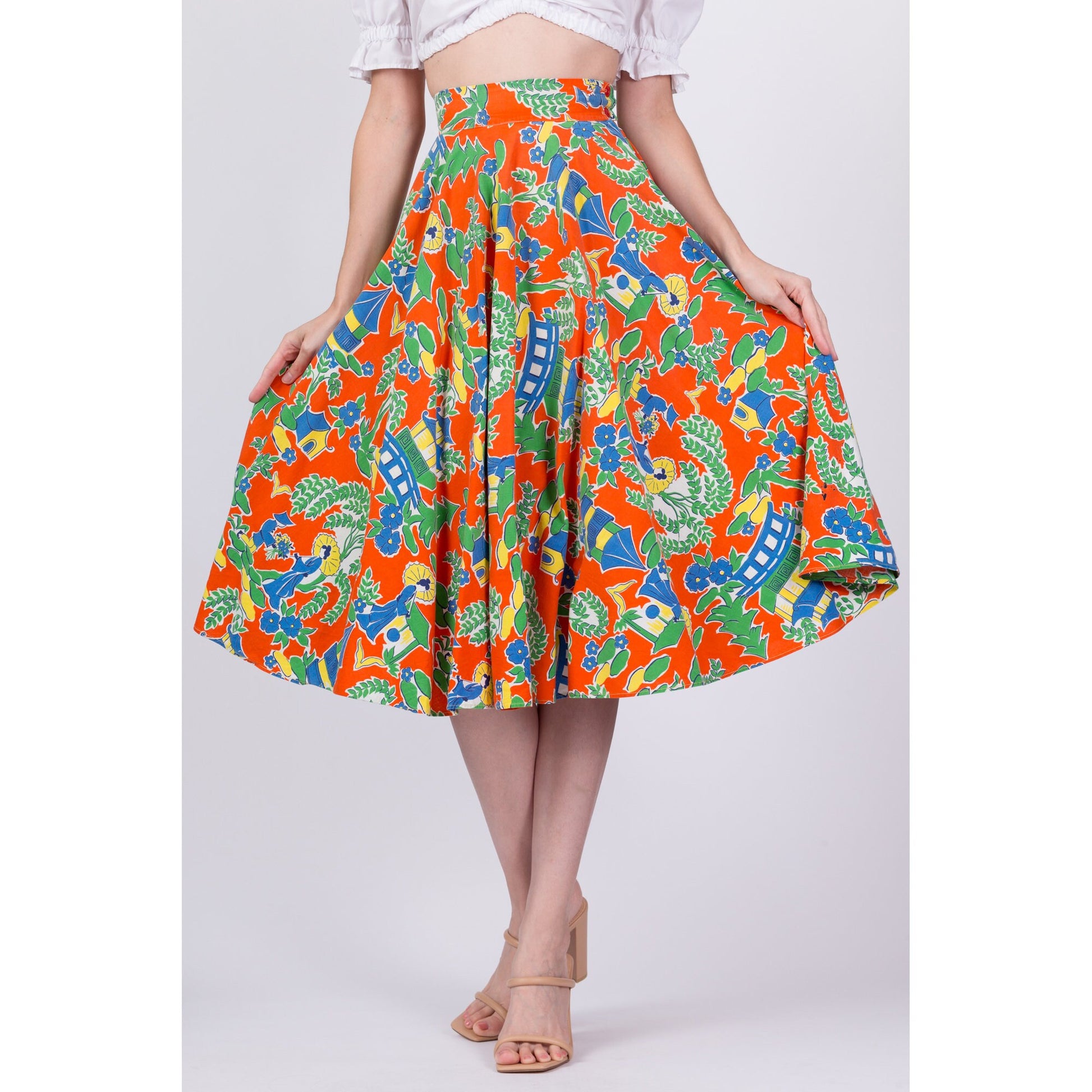 60s Chinese Novelty Print Skirt - Extra Small, 23.5" 