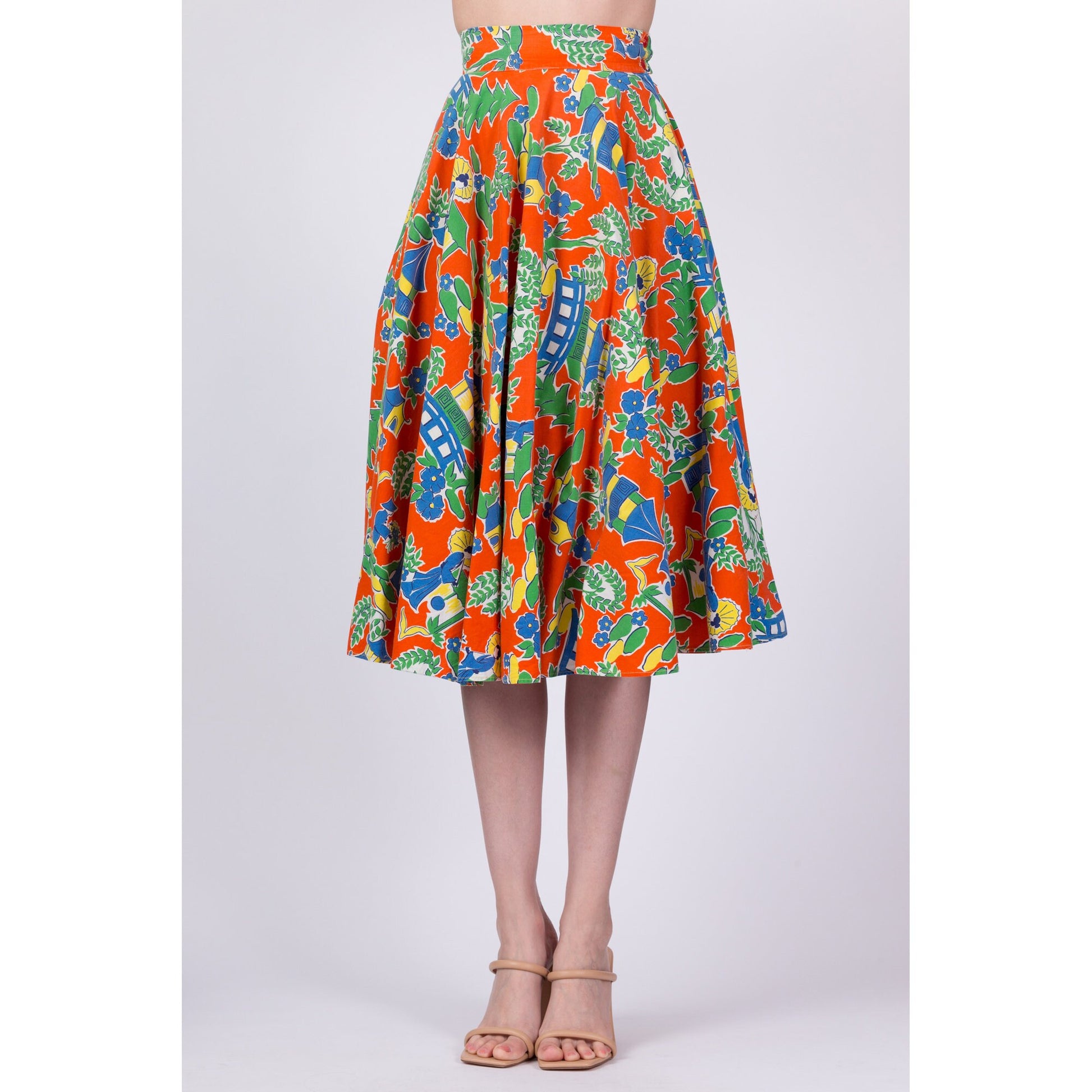 60s Chinese Novelty Print Skirt - Extra Small, 23.5" 