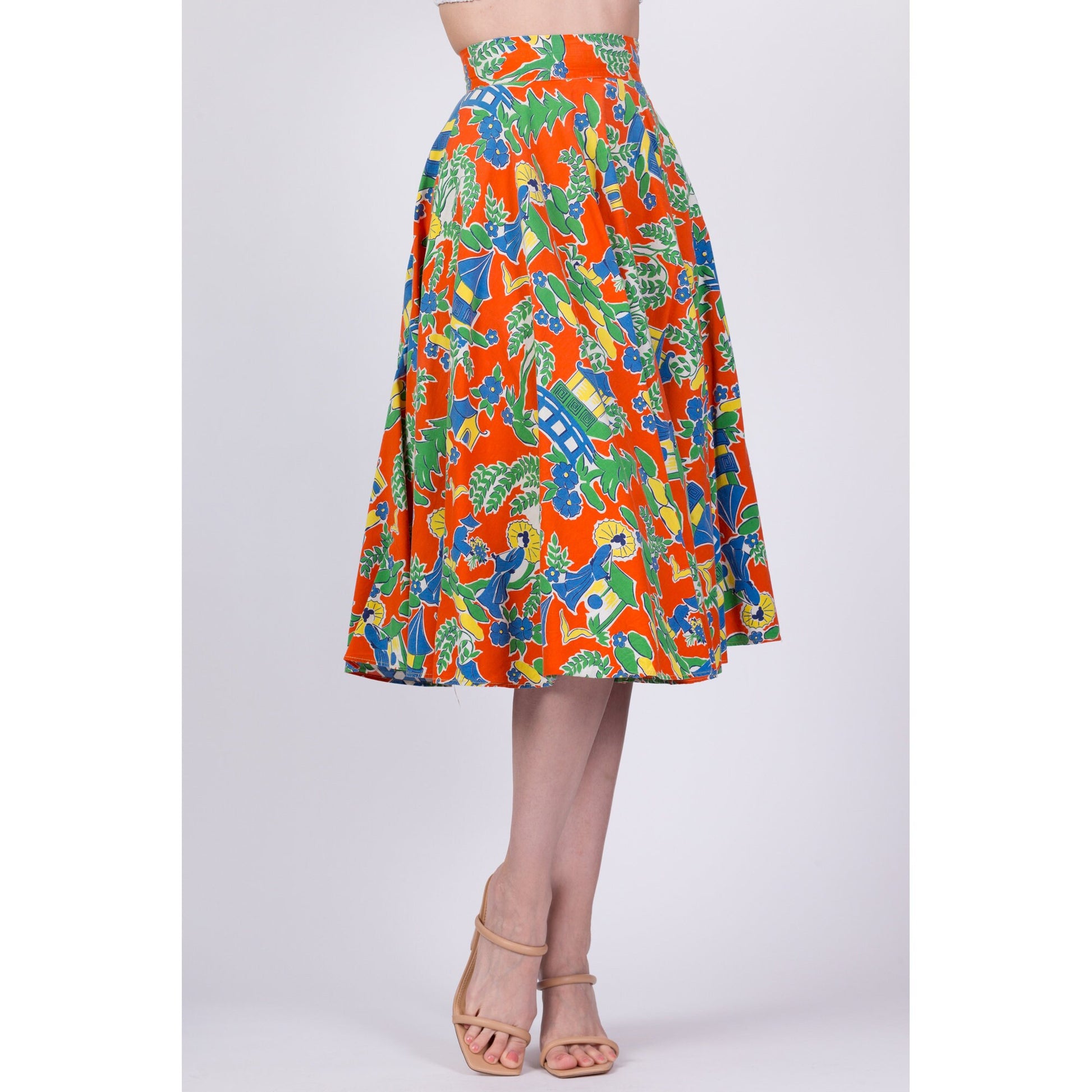60s Chinese Novelty Print Skirt - Extra Small, 23.5" 
