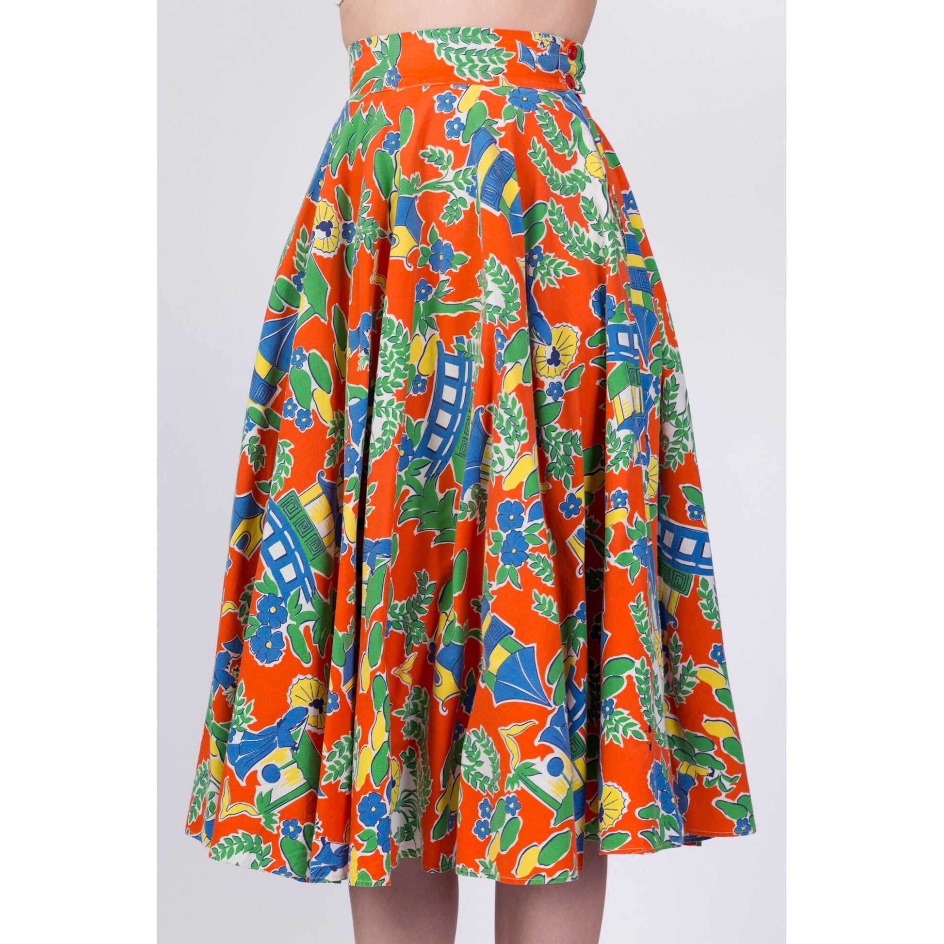 60s Chinese Novelty Print Skirt - Extra Small, 23.5" 