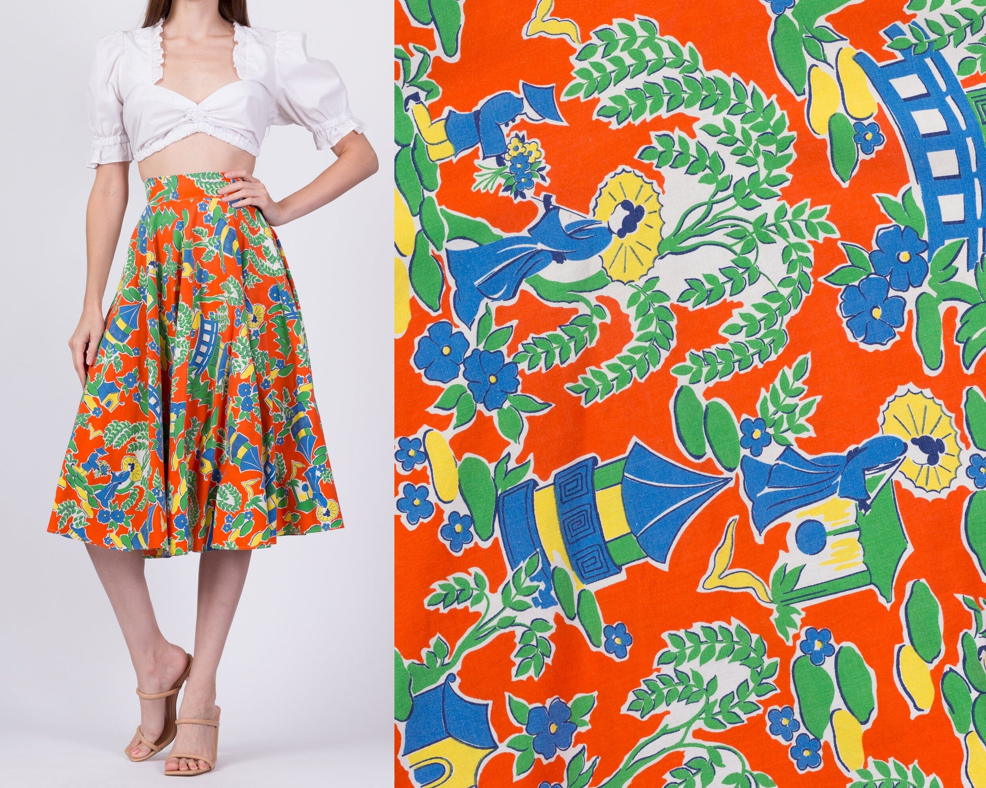 60s Chinese Novelty Print Skirt - Extra Small, 23.5" 