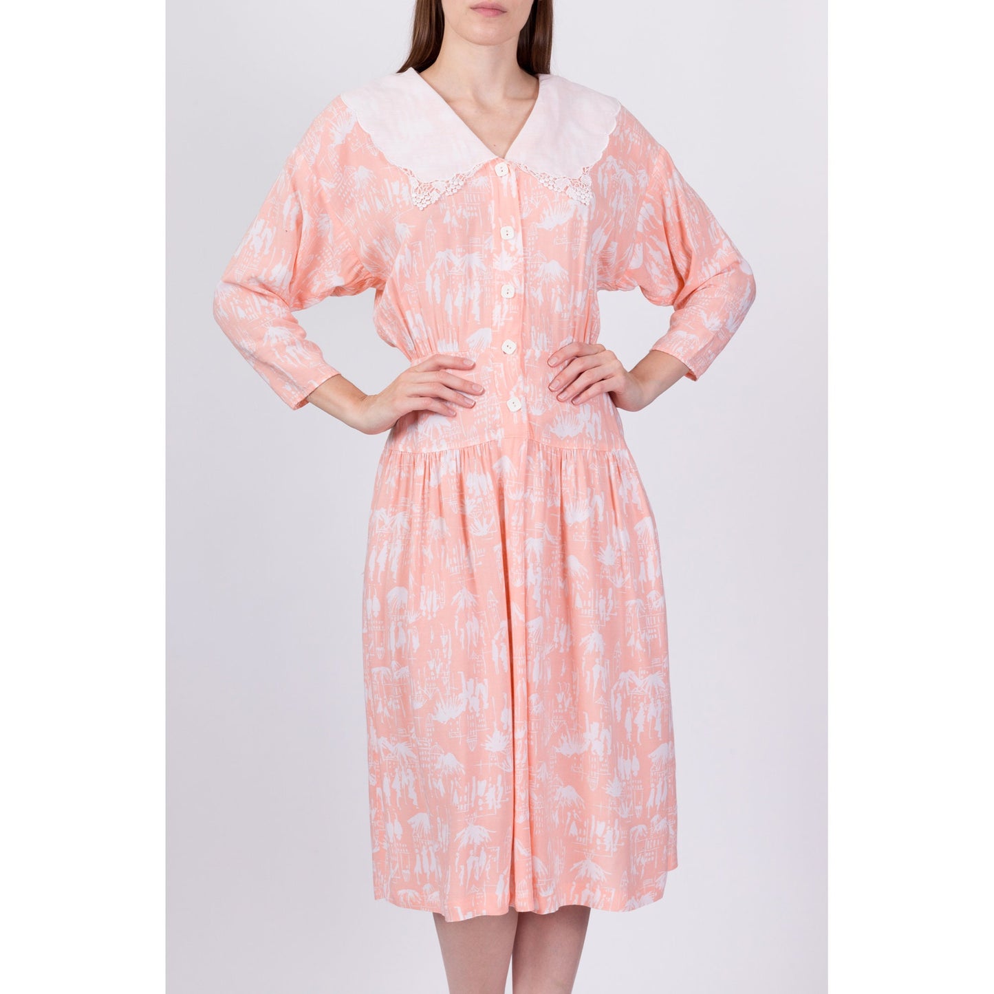80s Peach Novelty Print Sailor Collar Dress - Small 