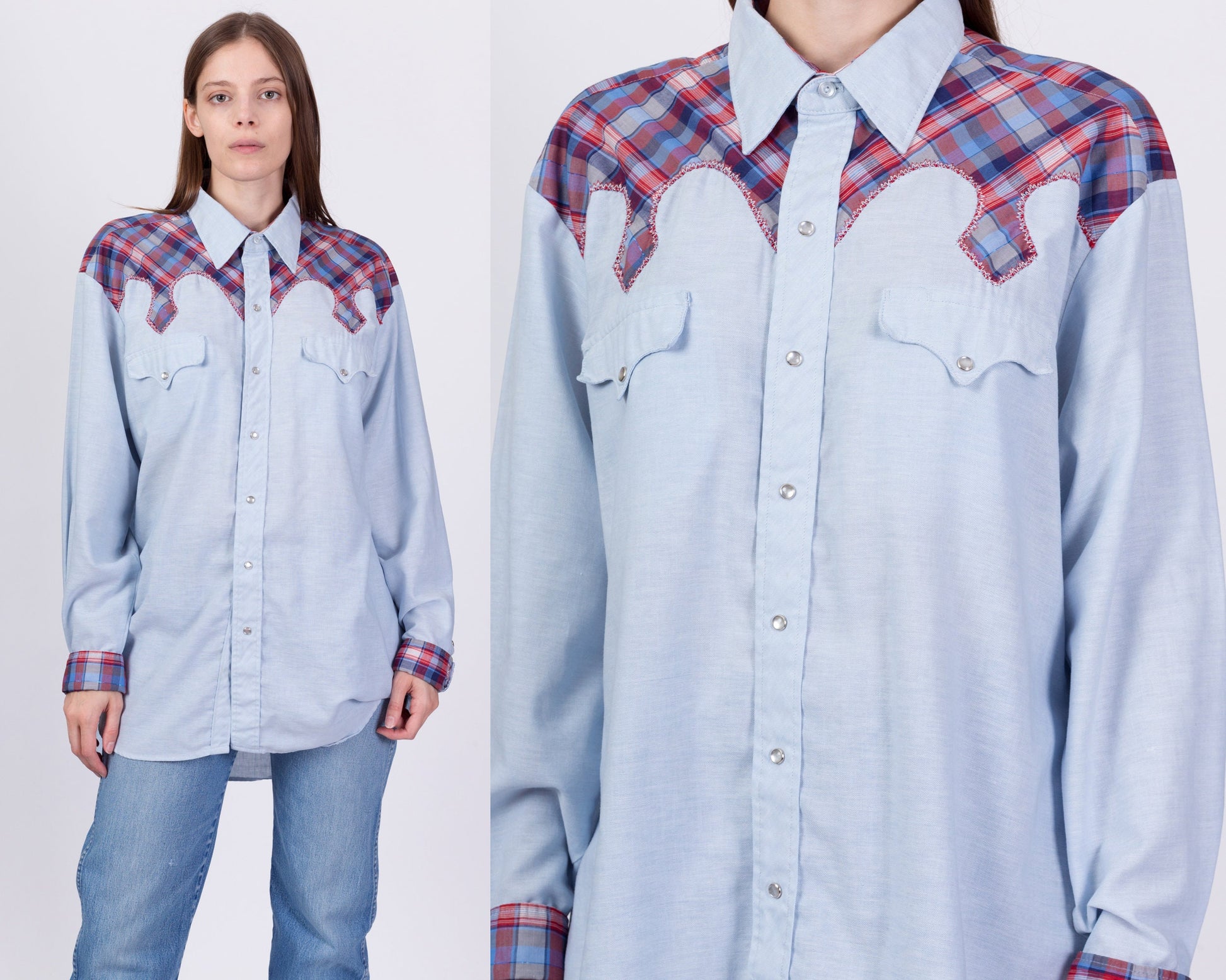 70s Kenny Rogers Karman Plaid Trim Western Shirt - Men's XL 