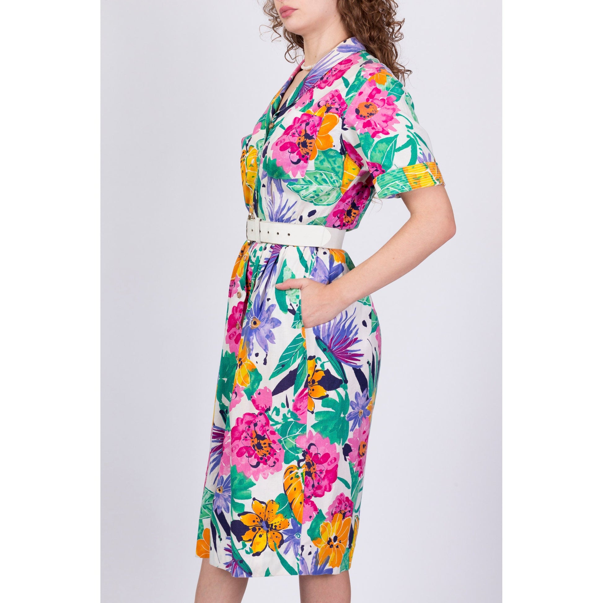 80s Tropical Floral Belted Shirtdress - Small 