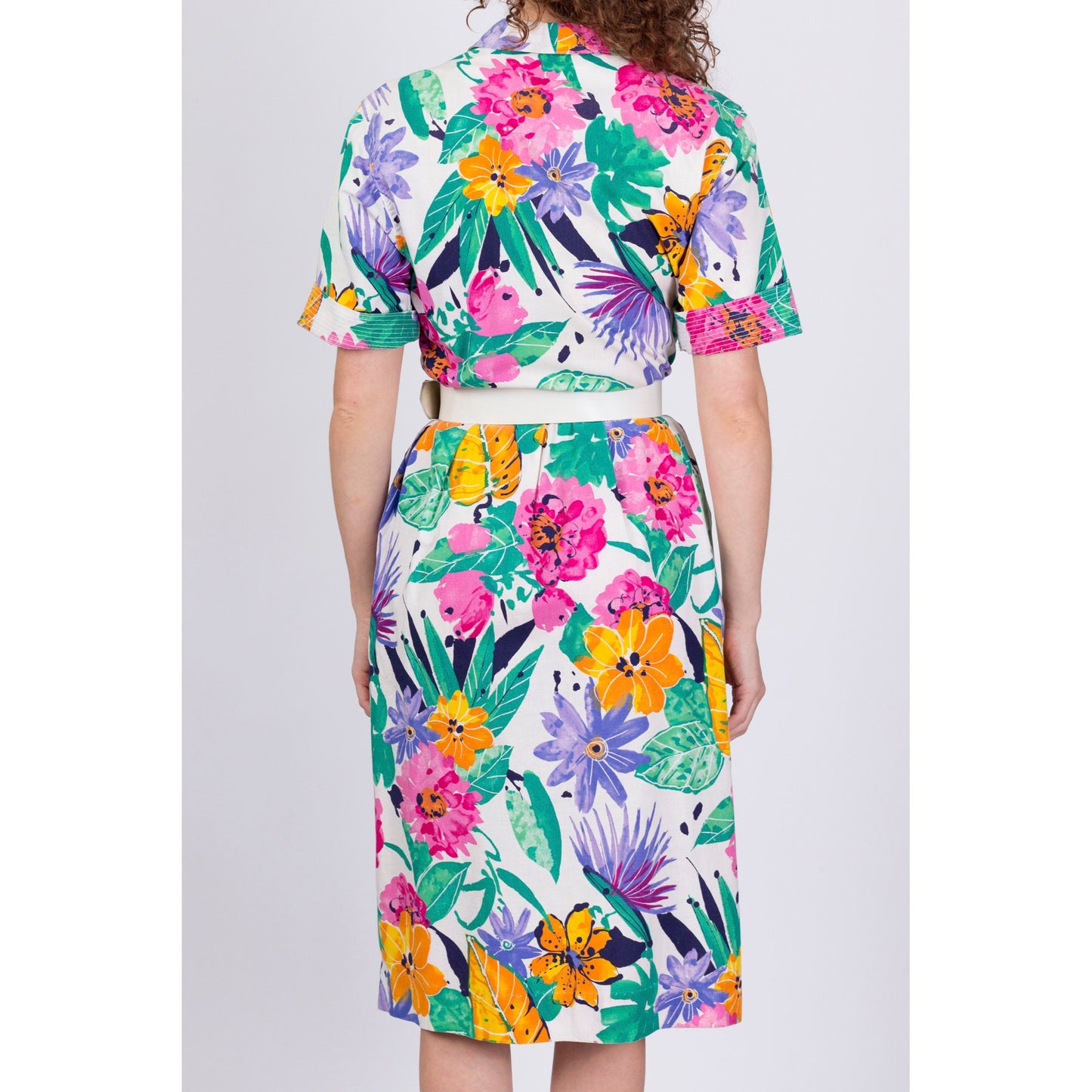 80s Tropical Floral Belted Shirtdress - Small 