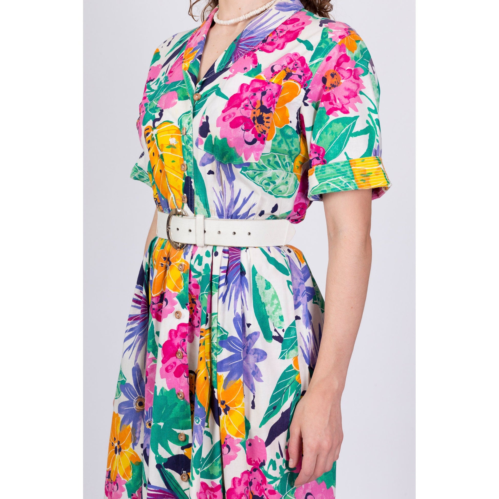 80s Tropical Floral Belted Shirtdress - Small 
