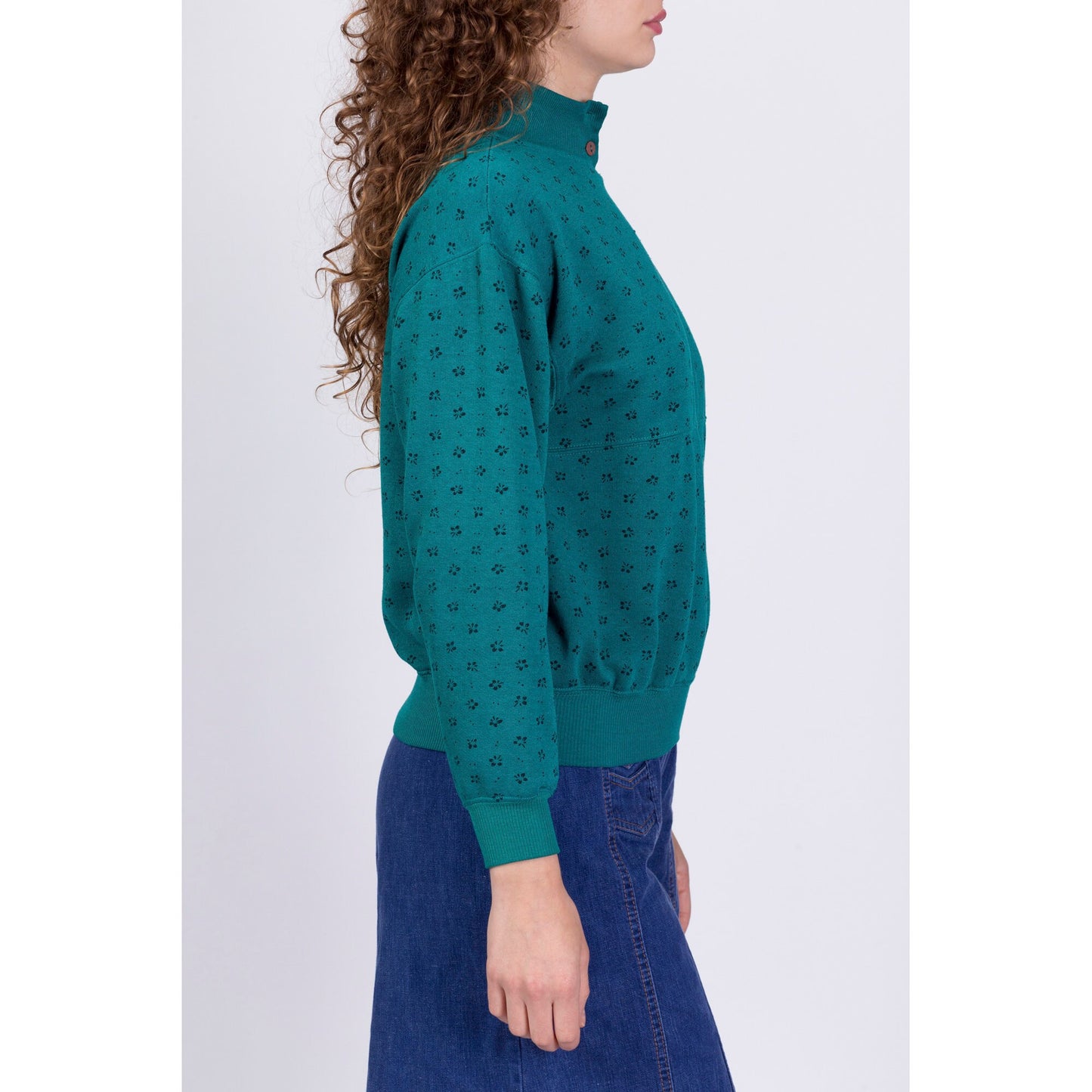 80s Teal Floral Mockneck Sweatshirt - Petite Small 