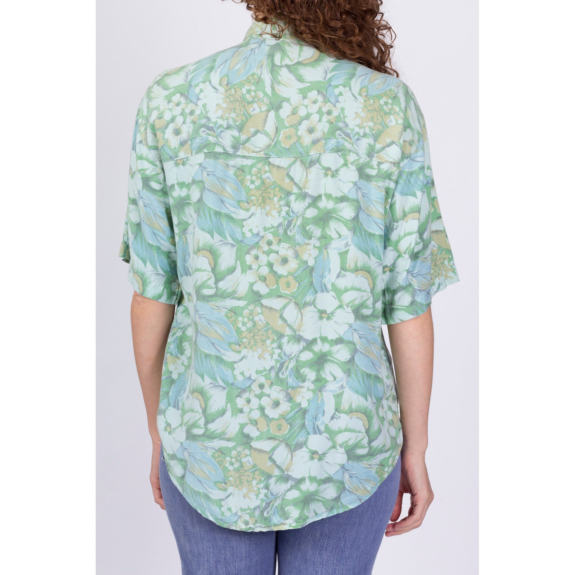 90s Green Floral Rayon Shirt - Large 